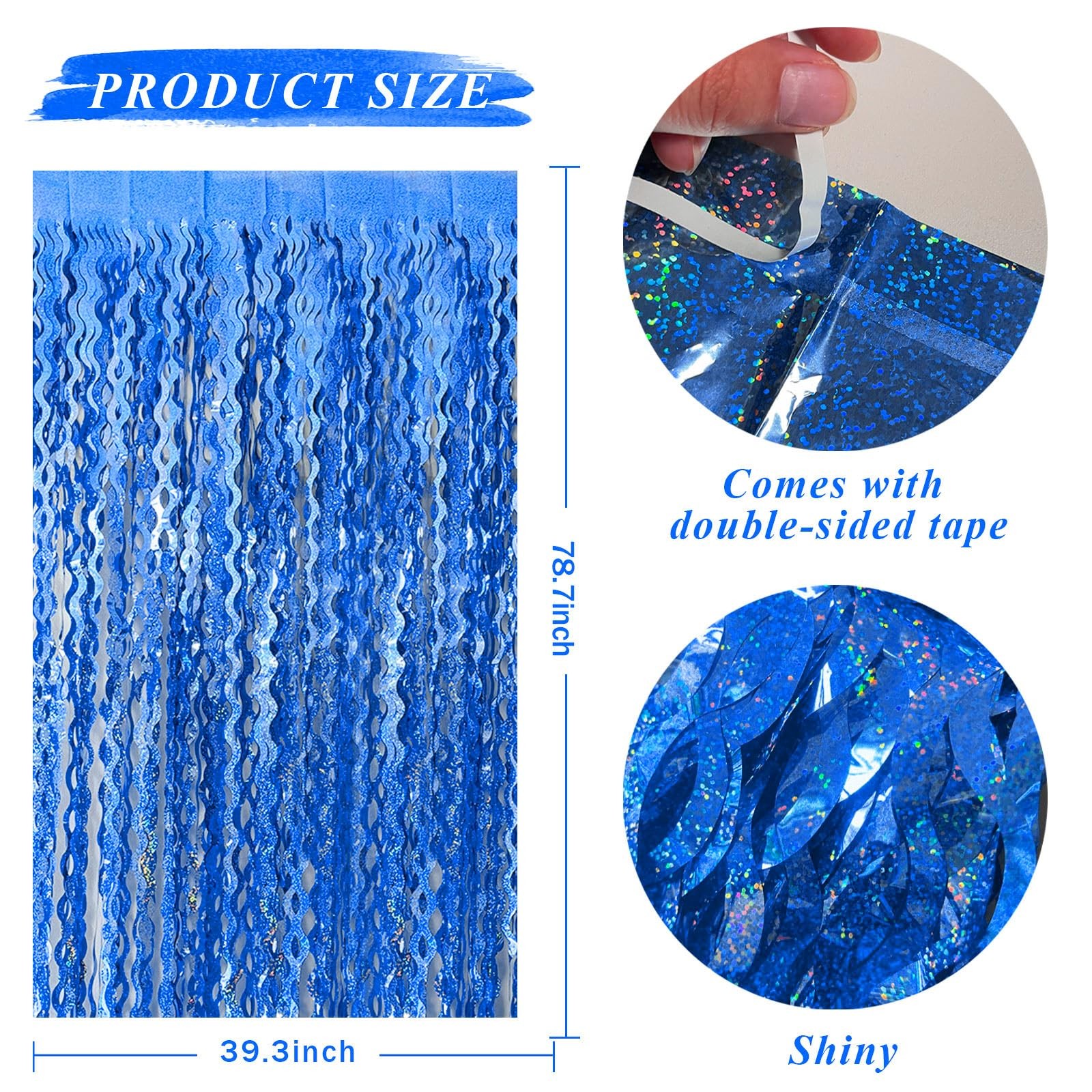 Blue Backdrop Wavy Tinsel Foil Fringe Curtains for Parties 2 Pack, Dark