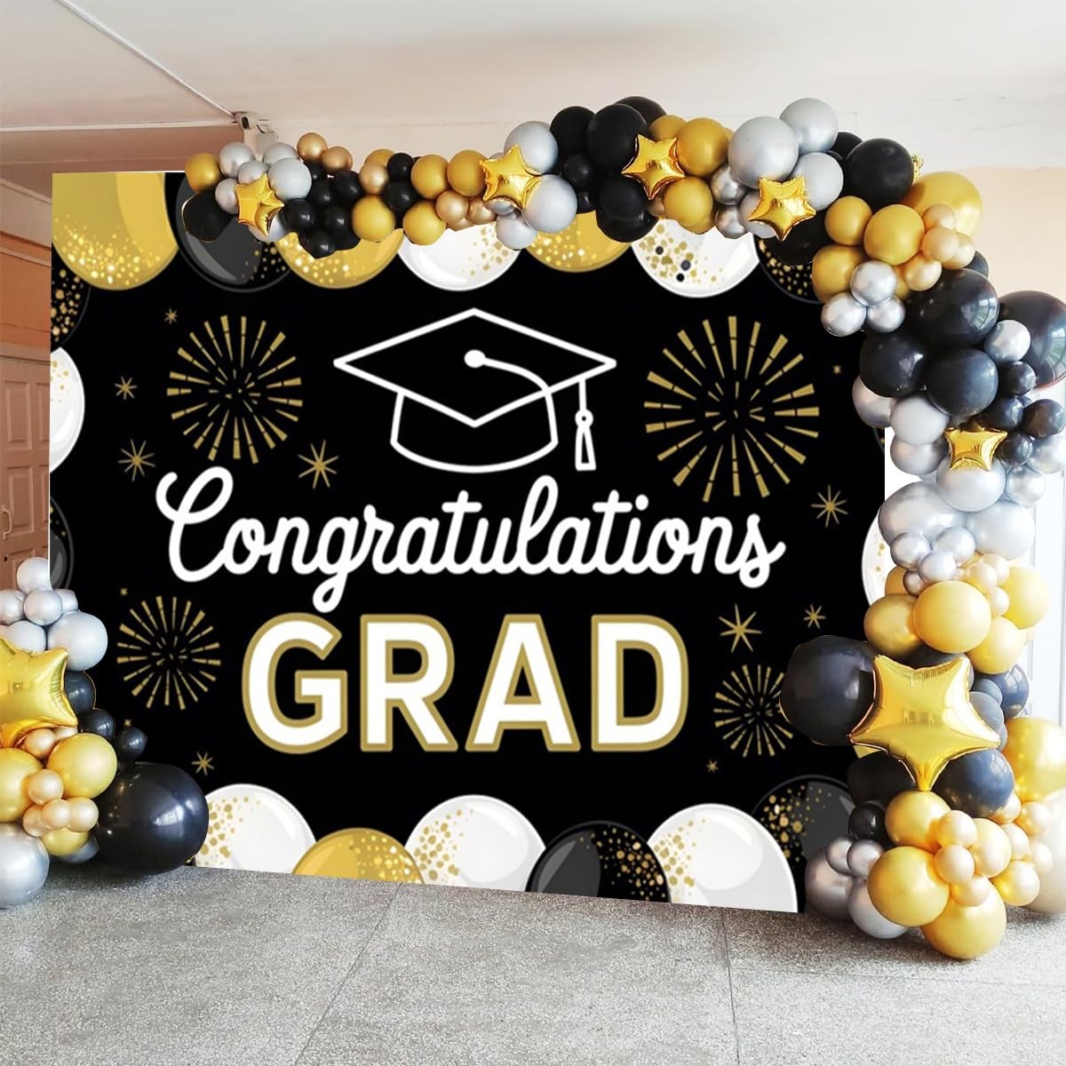 10x8ft Class Of 2025 Graduation Backdrop Black Gold Congrats Grad Photo Booth