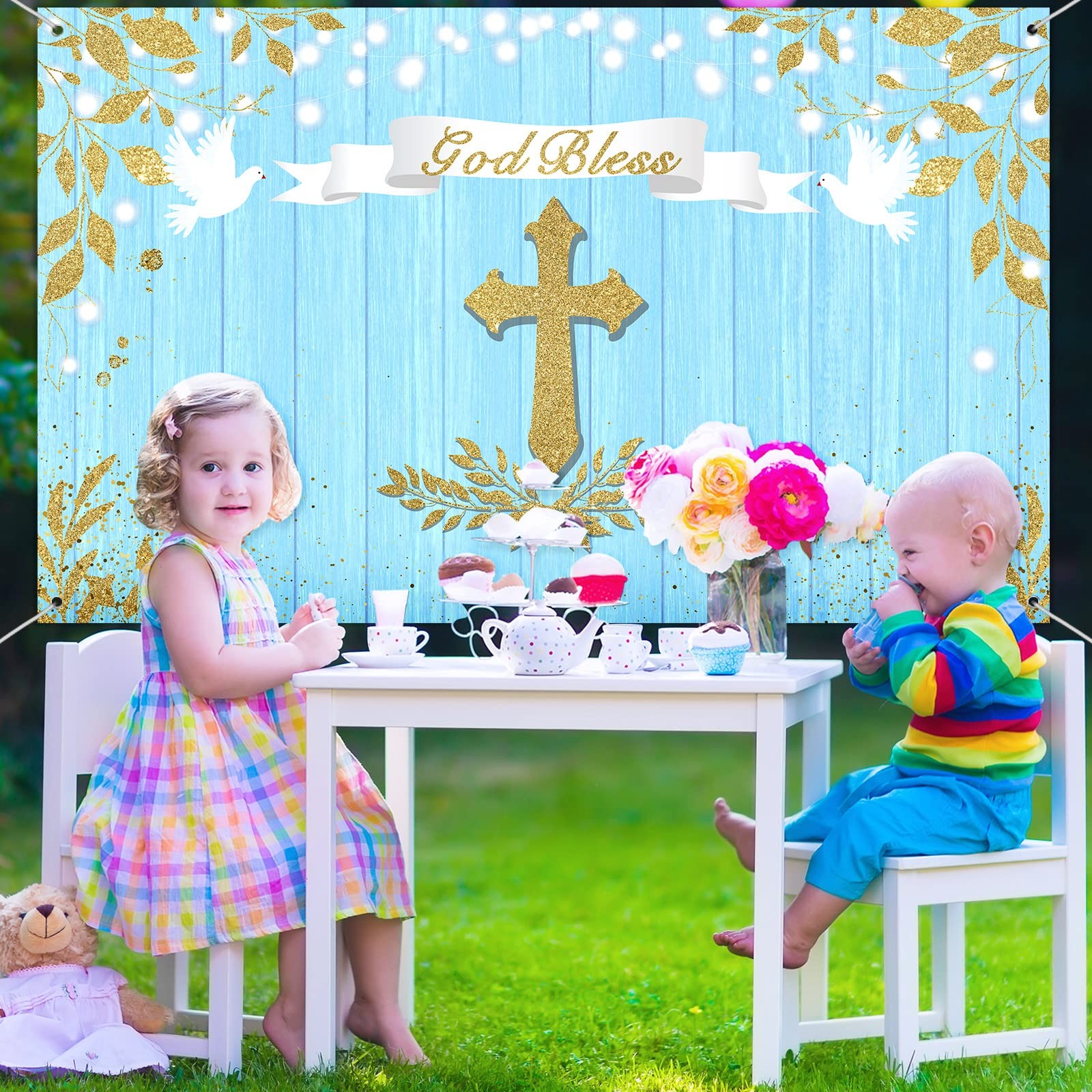 Capoda 71 x 43 Inch God Bless Baptism Backdrop First 6 x 3.6 foot, Blue Gold