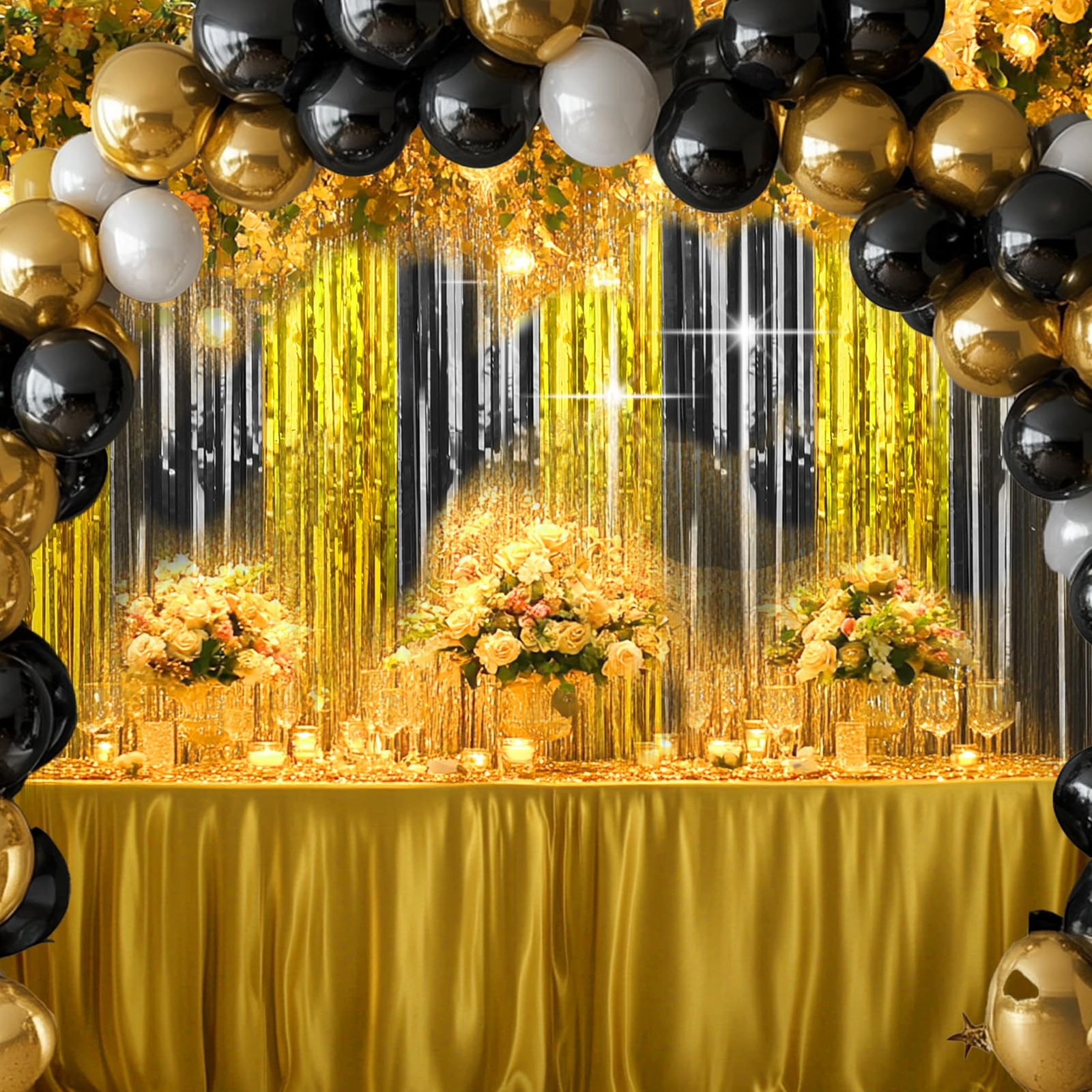 4 Packs Black Gold Foil Fringe Curtain Metallic Tinsel Backdrop 2025 Party