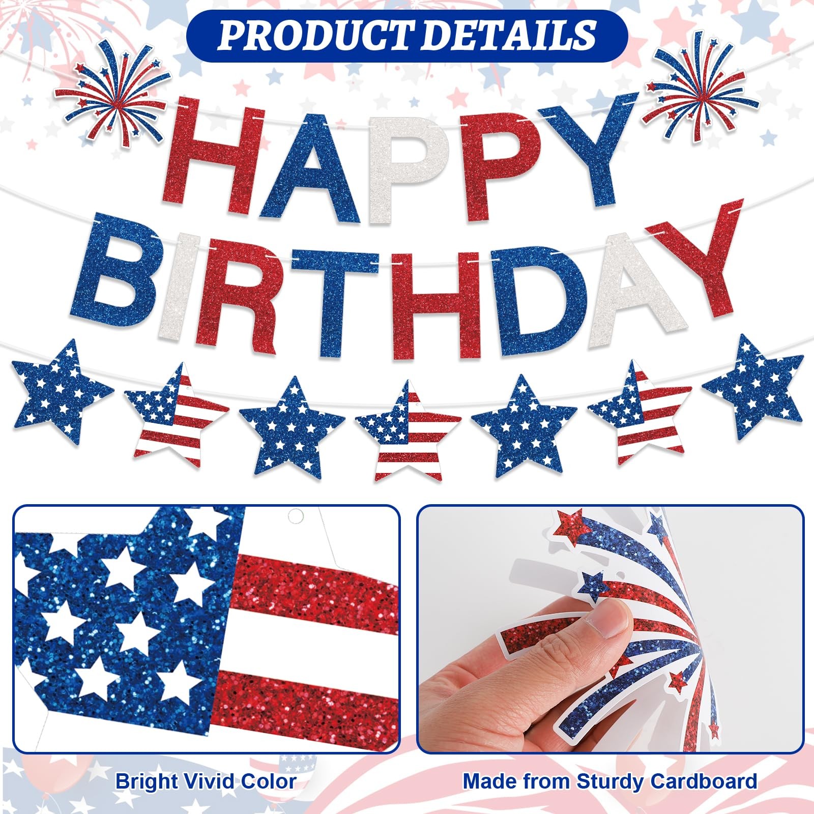 Happy Birthday Banner Patriotic Red White Blue Decorations, Glitter Happy Pat…