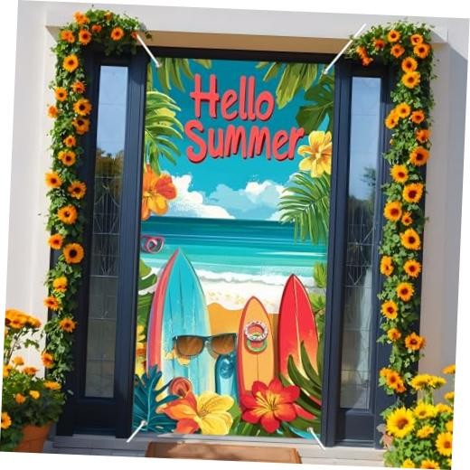 Hello Summer Beach Door Cover Backdrop – Vibrant, Blue, Green, Yellow