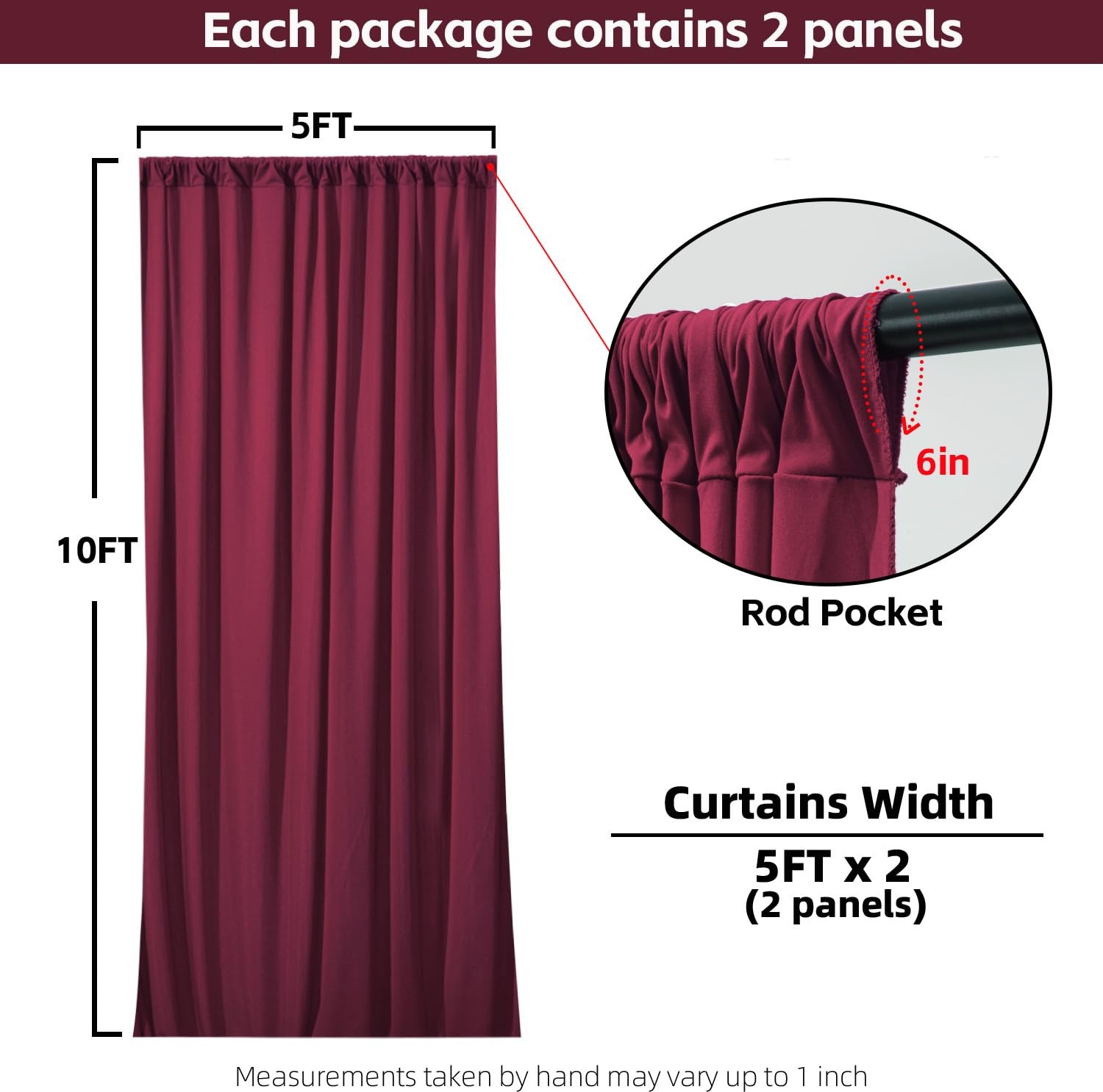 2 Panels 5x10FT Burgundy Backdrop Curtains, 10x10FT Total, Rod Pockets, Fabric