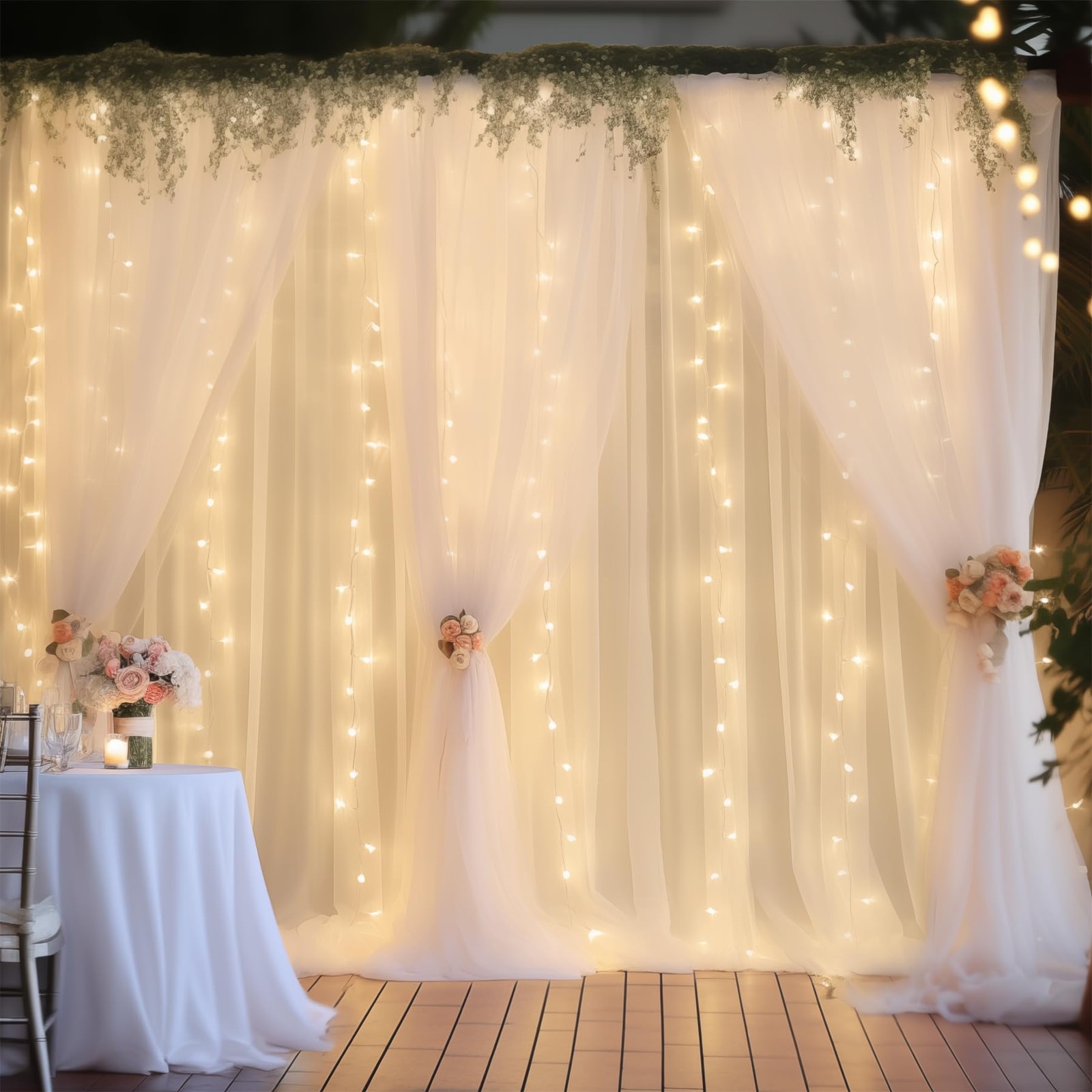 30×10ft White Tulle Backdrop Curtain with Lights String for Parties, Sheer Ph…