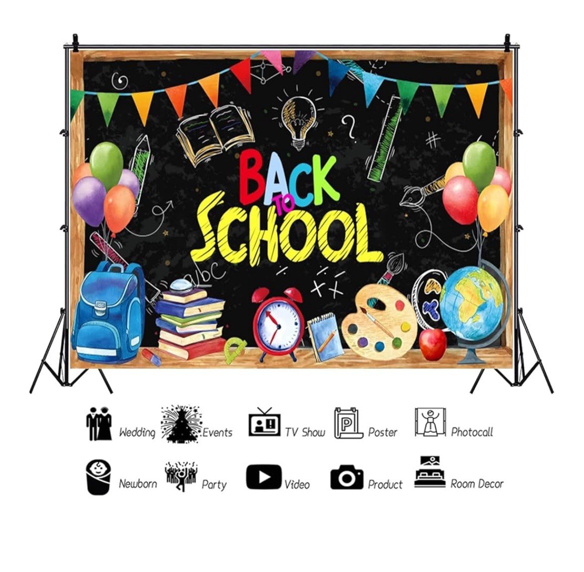 NEW Back To School BackDrop Chalkboard Backpack Globe Photo Prop 10ft x 8ft