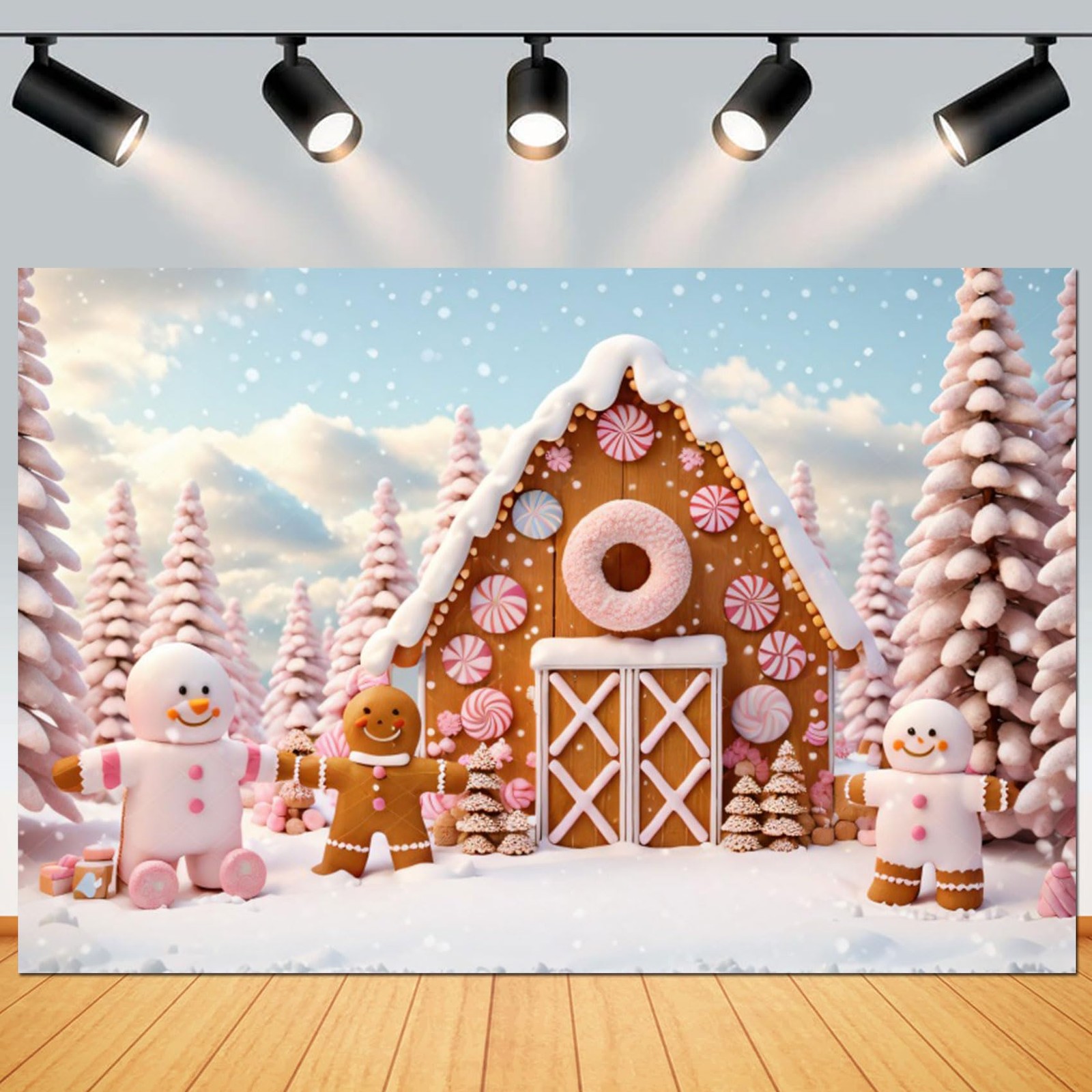 Yeele 10x8ft Christmas Village Photography Backdrop Cartoon Pink Gingerbread Man