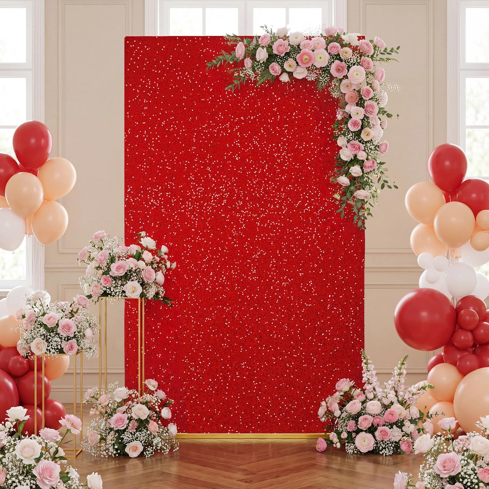 Square Wedding Arch Backdrop Cover, 6.6×4 Ft Velvet Red Sequin Backdrop Stand…