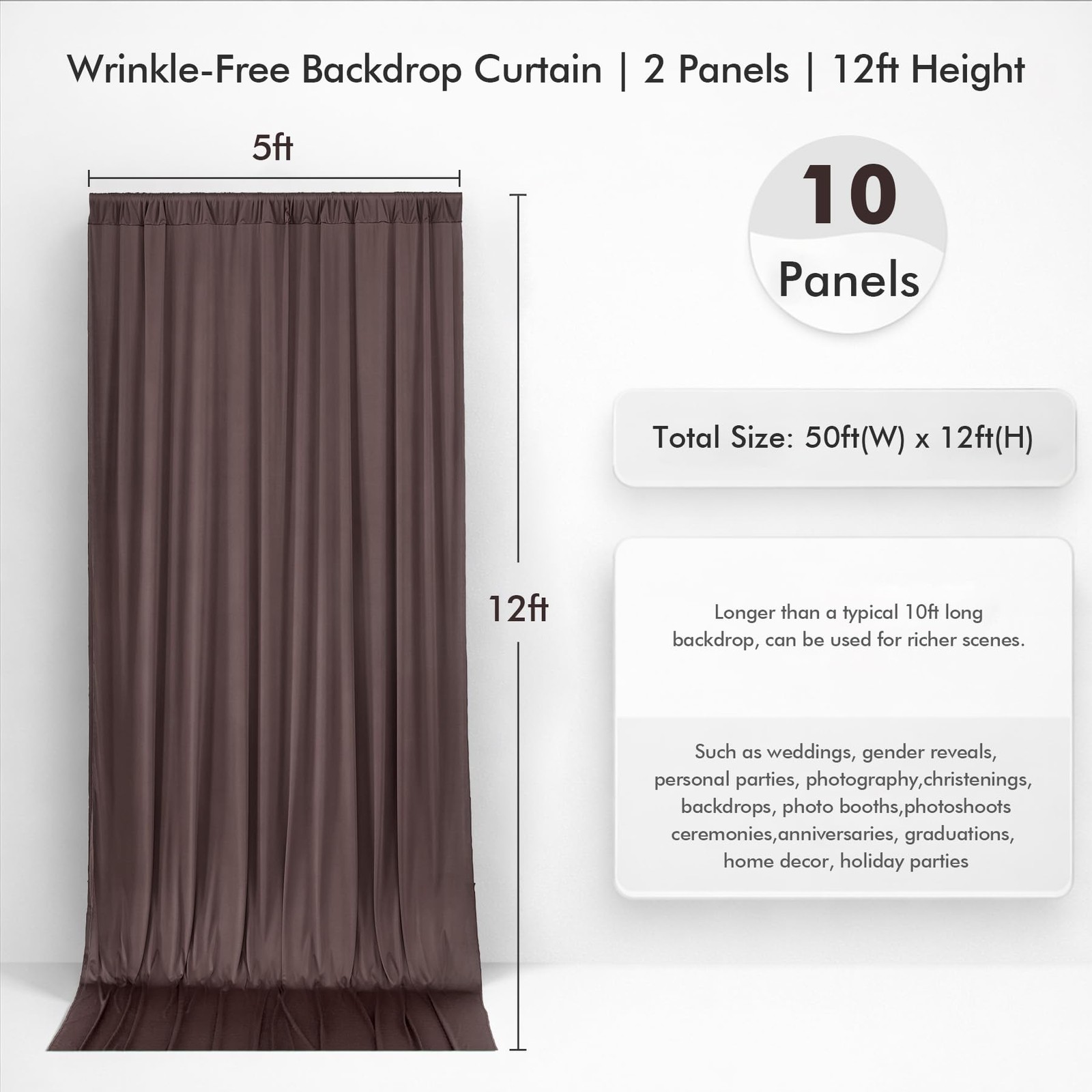 50ftx12ft Wrinkle Free Brown Backdrop (W)5ft x (H)12ft (10 Panel),