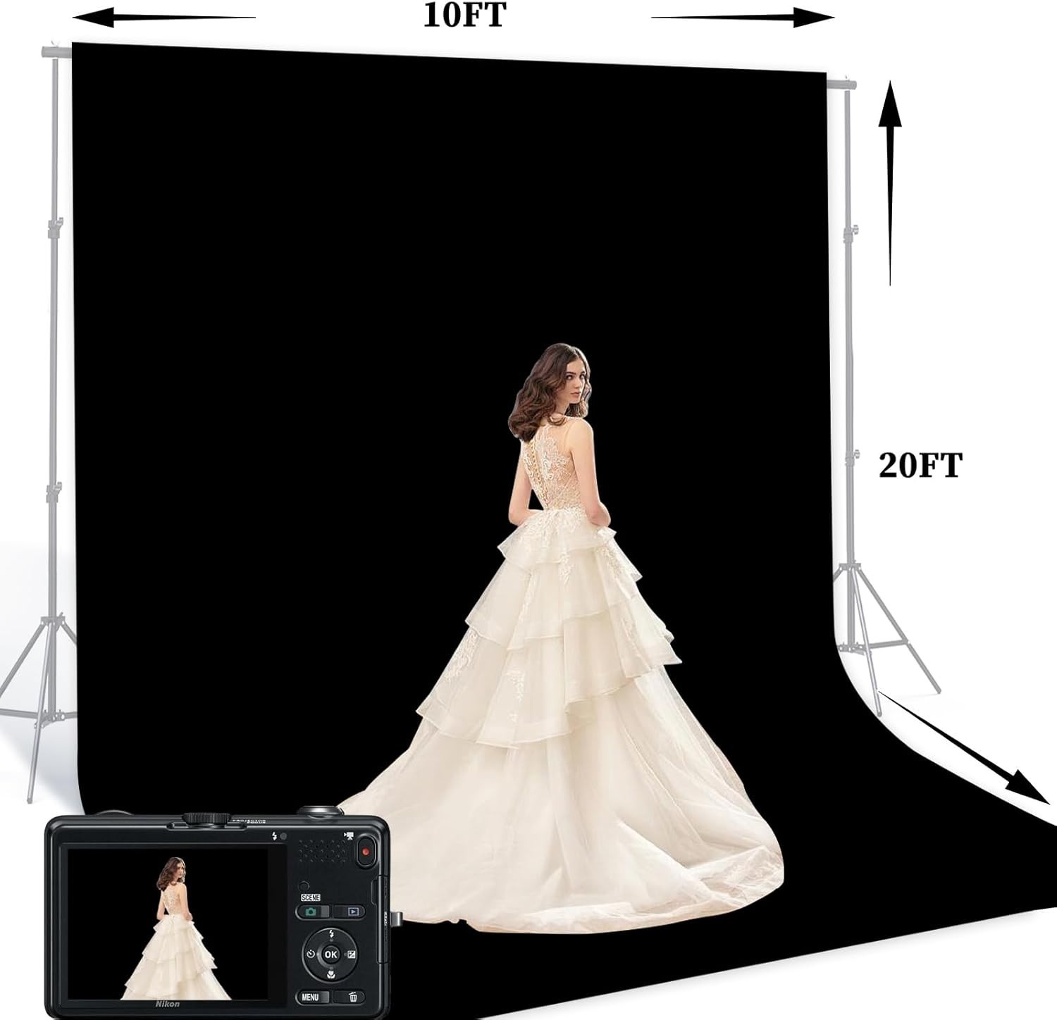 Versatile 10 x 20 Ft Black Backdrop Screen – Ideal for Photoshoots & Streaming
