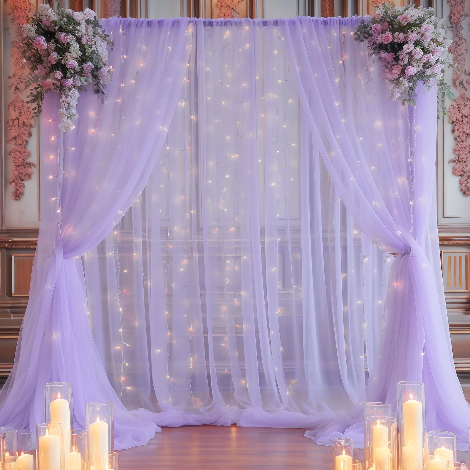 10x10ft Purple Tulle Backdrop Curtain with Lights String for Parites, Sheer P…