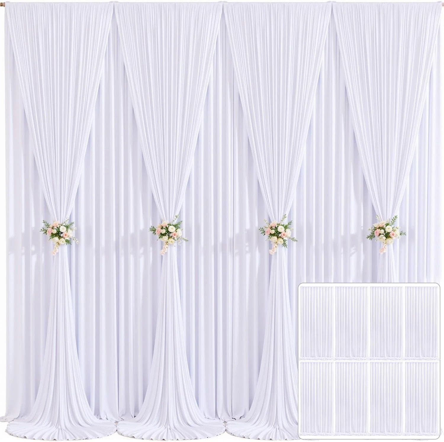 8-Pack White Wrinkle-Free Backdrop Curtains 40ft x 10ft for Parties & Events
