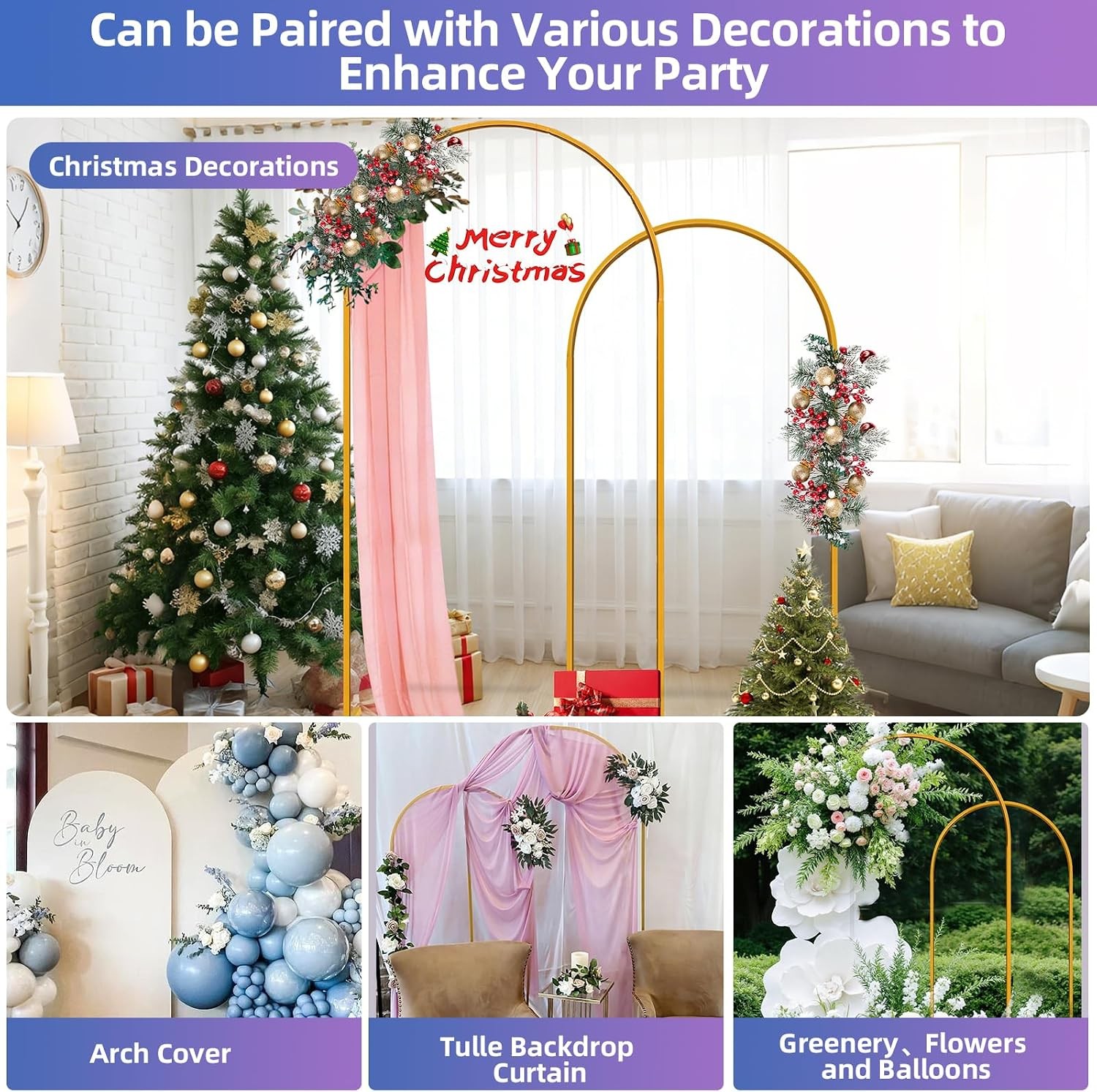 Arch Backdrop Stand Set of 2 7.2ft & 6ft Metal Arch Frame W/ Ground Stakes Party