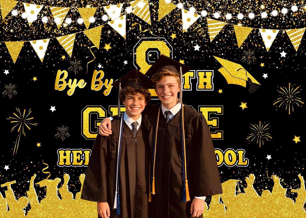 Bye Bye 8th Grade Hello High School Backdrop 7x5ft Graduation Black Gold