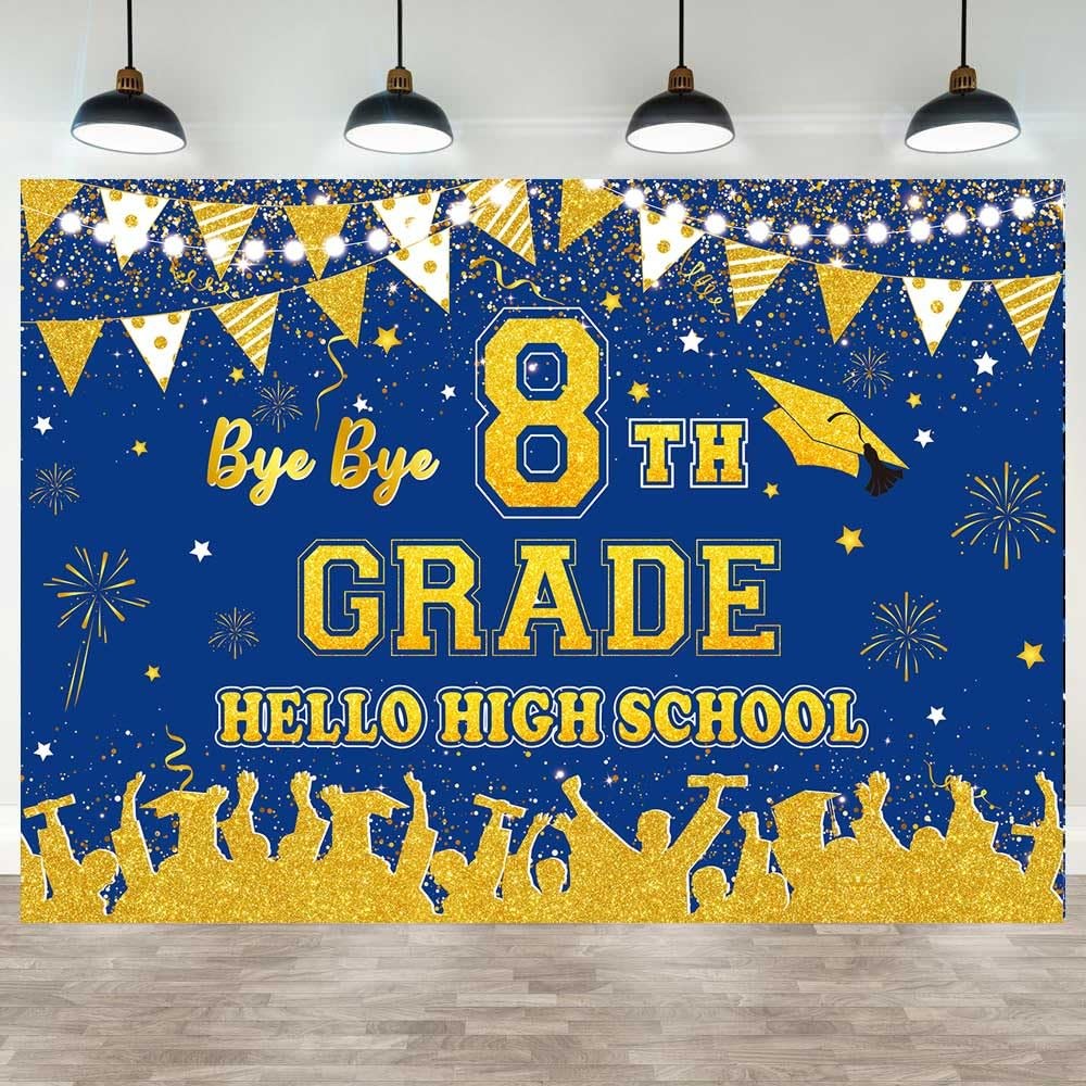 8×6 FT Bye Bye 8th Grade High School Backdrop Blue Gold Class Of 2025