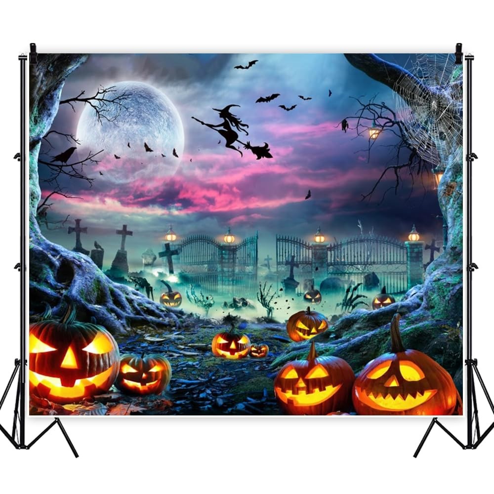 Halloween Backdrop Background 10x8ft Scary Full Moon Pumpkin Cemetery Hallowe…