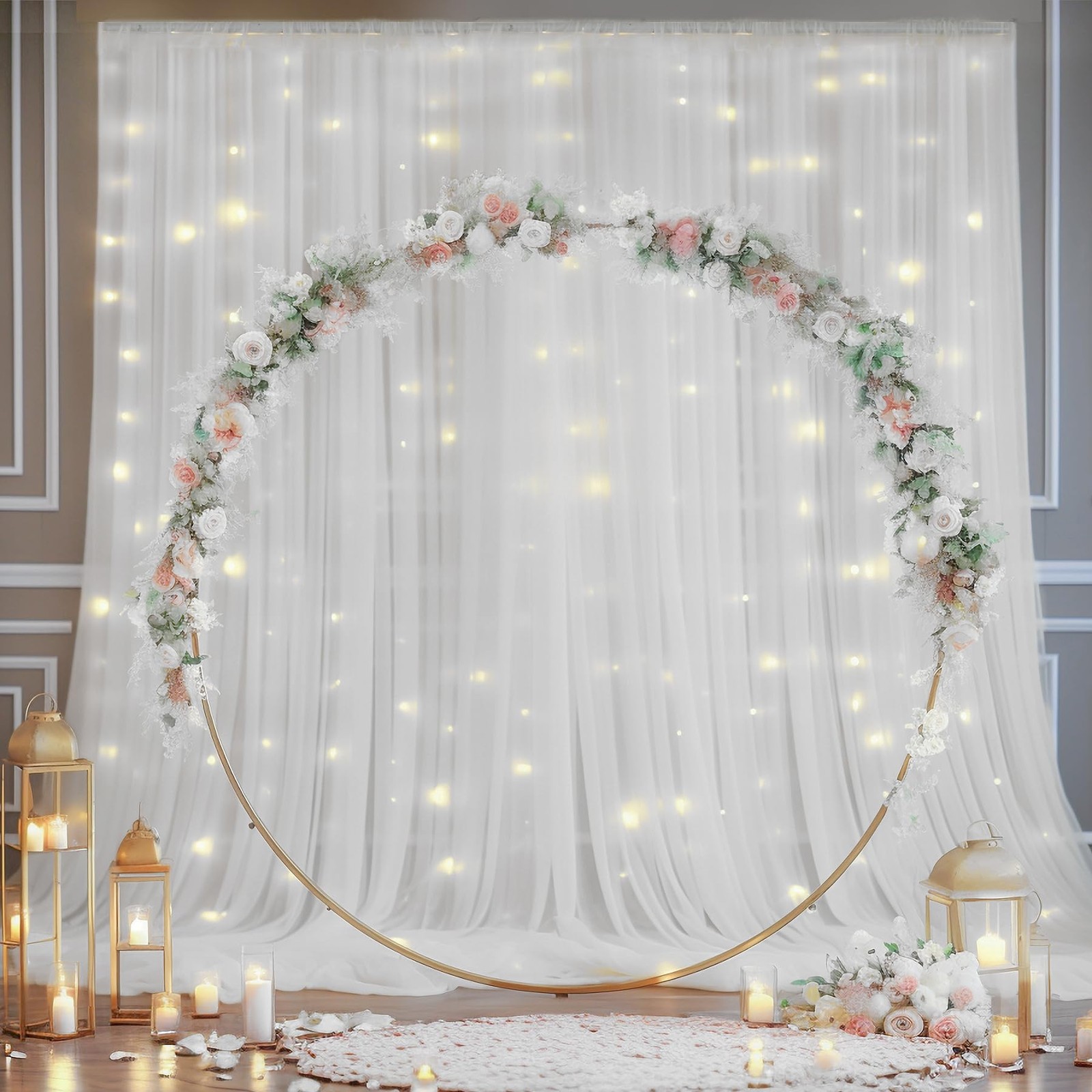 10×10ft White Tulle Backdrop Curtain with Lights String for Parites, Sheer Cu…