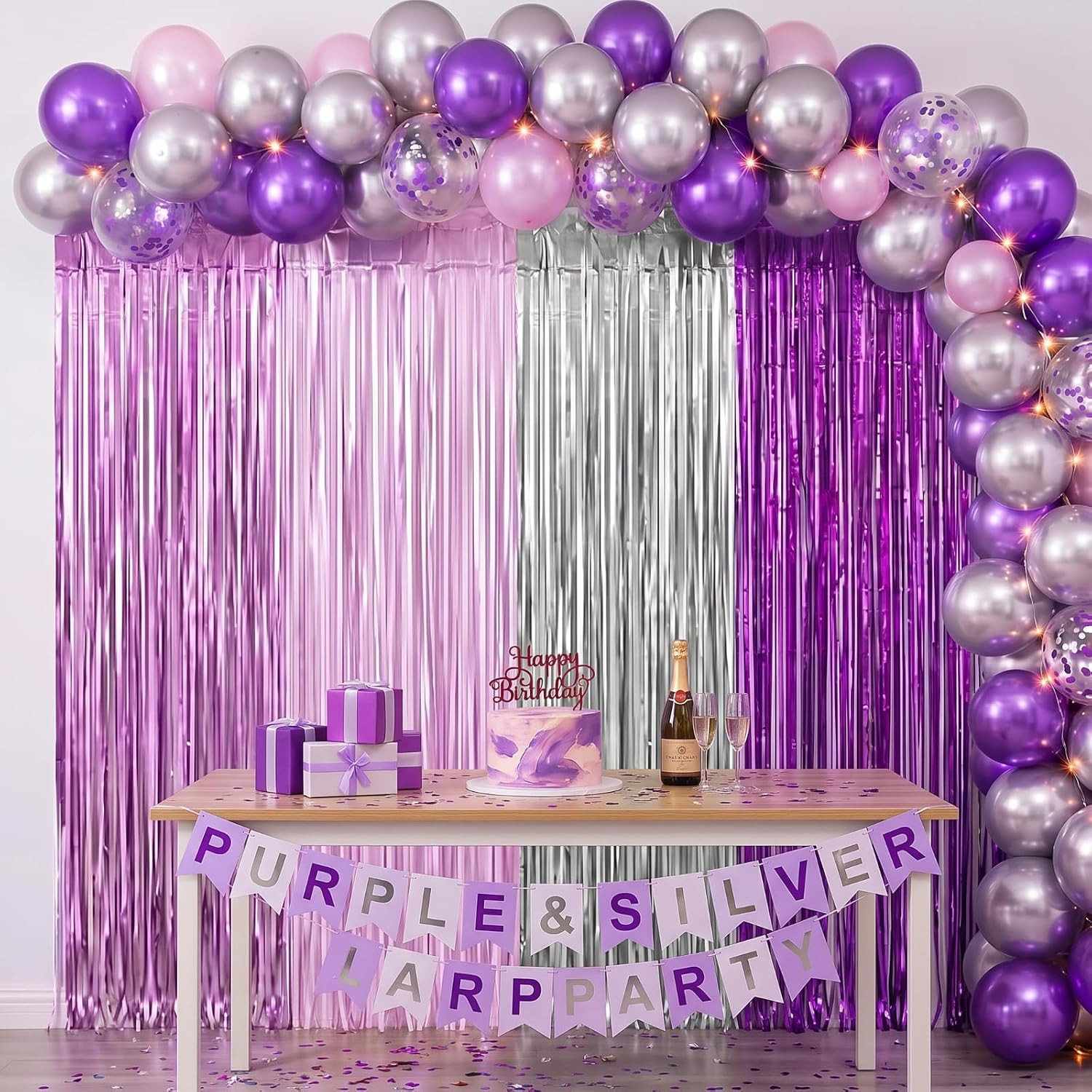 4Pcs Purple and Silver Party Decorations 6.6Ft Fringe Curtains Decorations Purpl