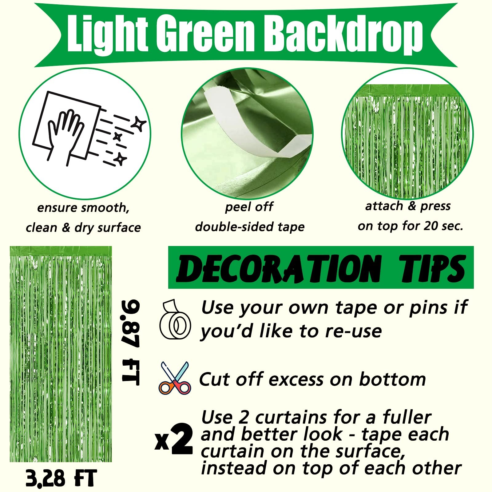 Fringe Curtain Backdrop 3.2Ft x 9.8Ft Light Green Metallic Tinsel 4 Pack