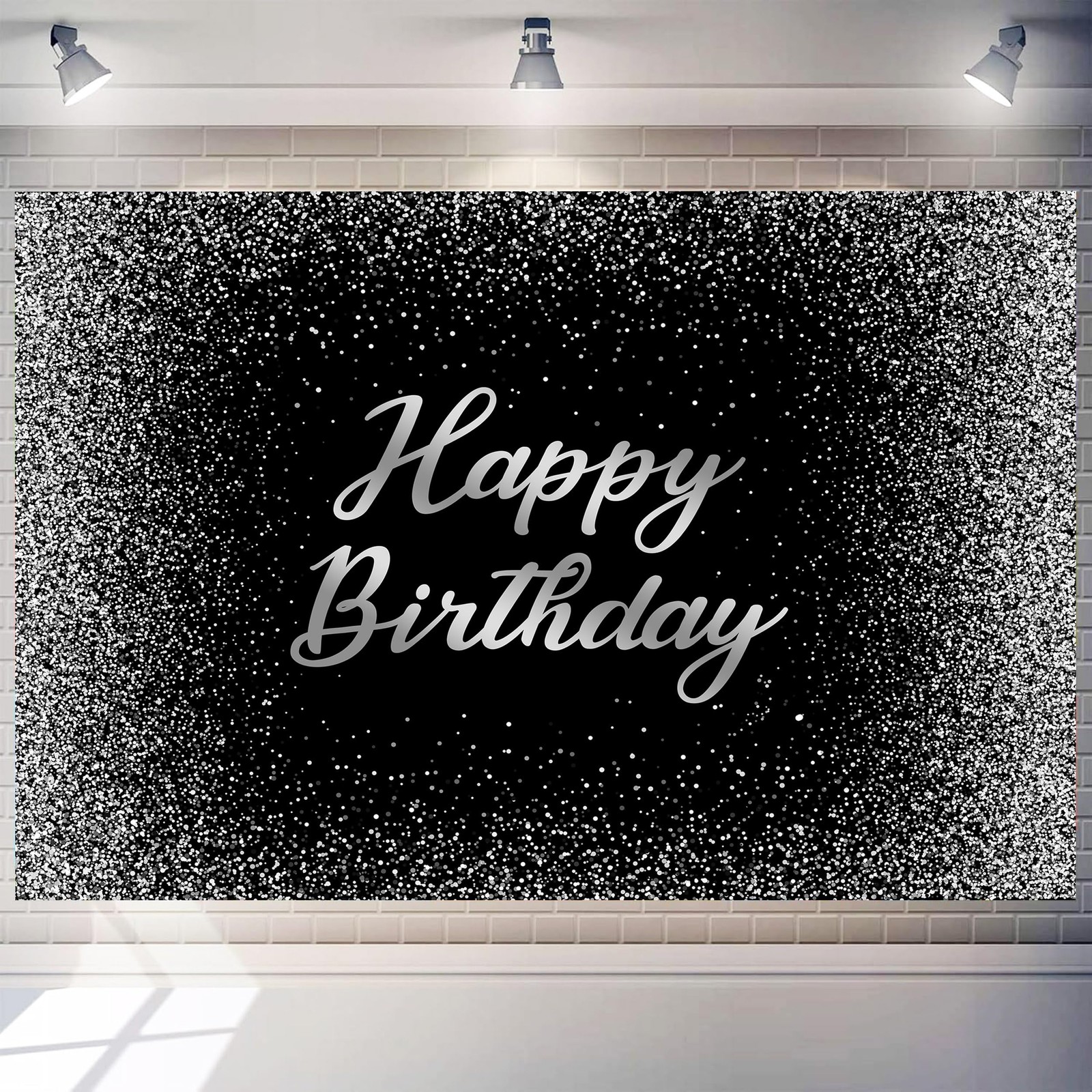 Happy Birthday Backdrops 12×8 FT Black and Silver Glitter Spots Happy Birthda…