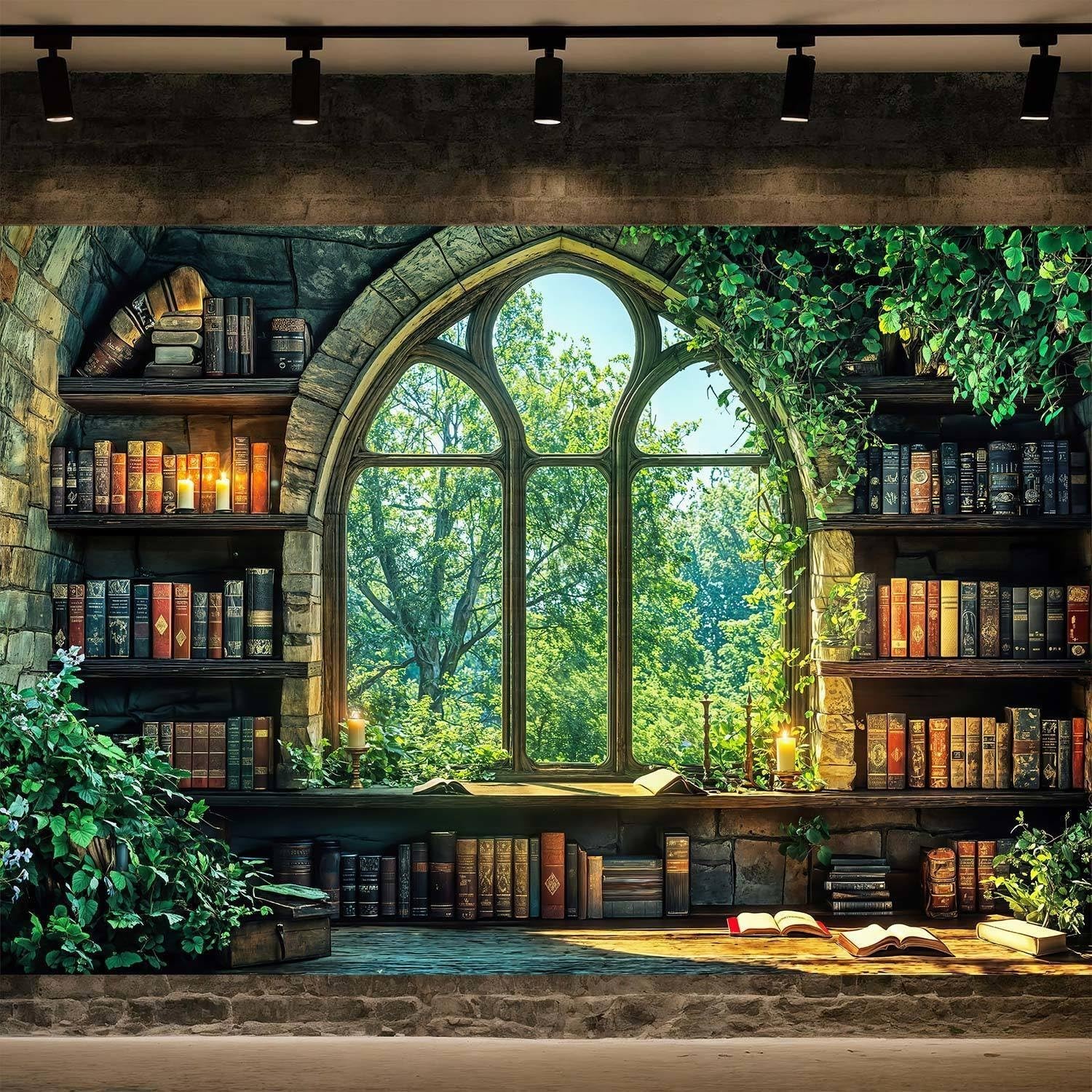 Vintage Forest Bookshelf Backdrop 10x8ft – Retro Green Library Photography Prop