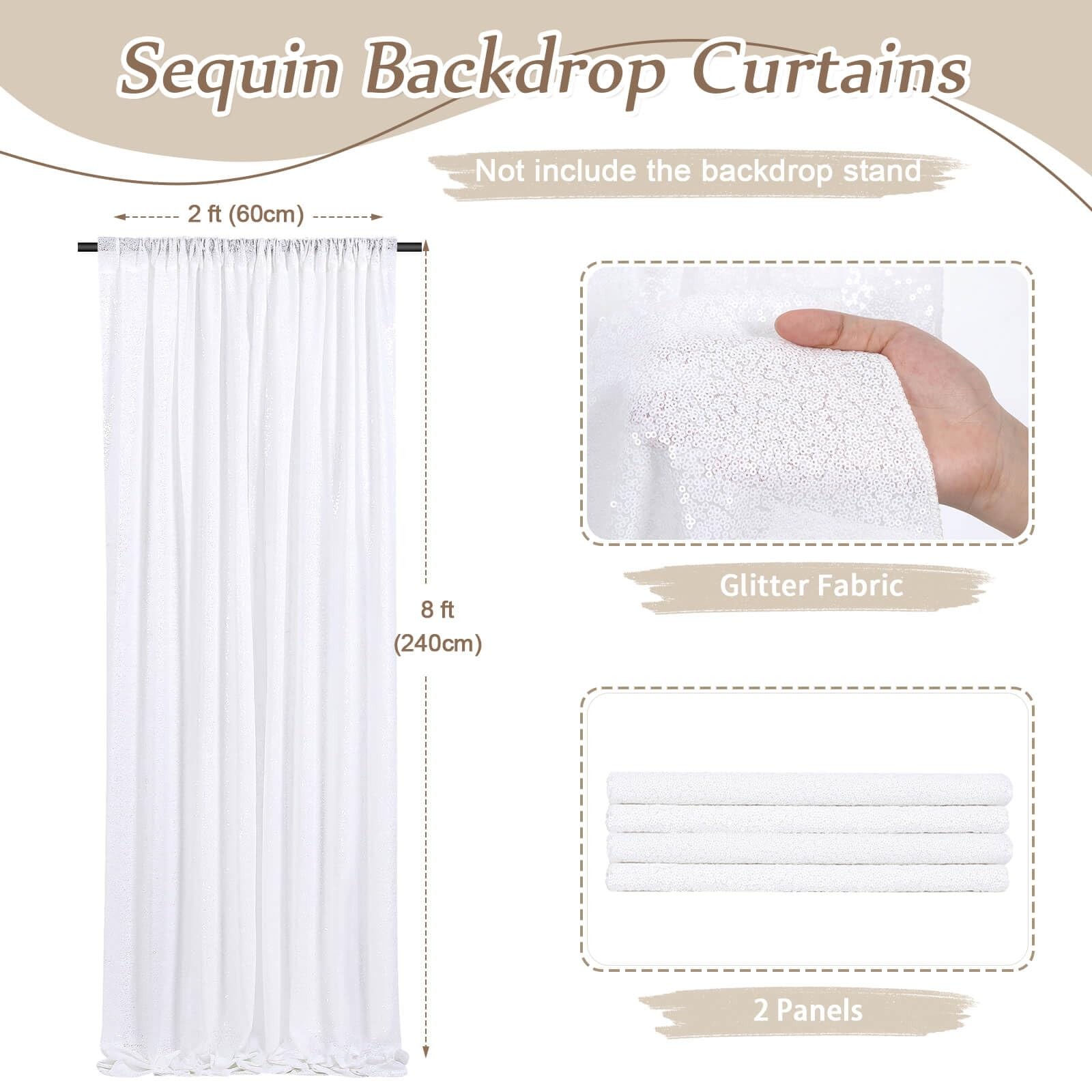 4 PCS 2ftx8ft White Sequin Backdrop Curtain, Glitter, Birthday Party Decor