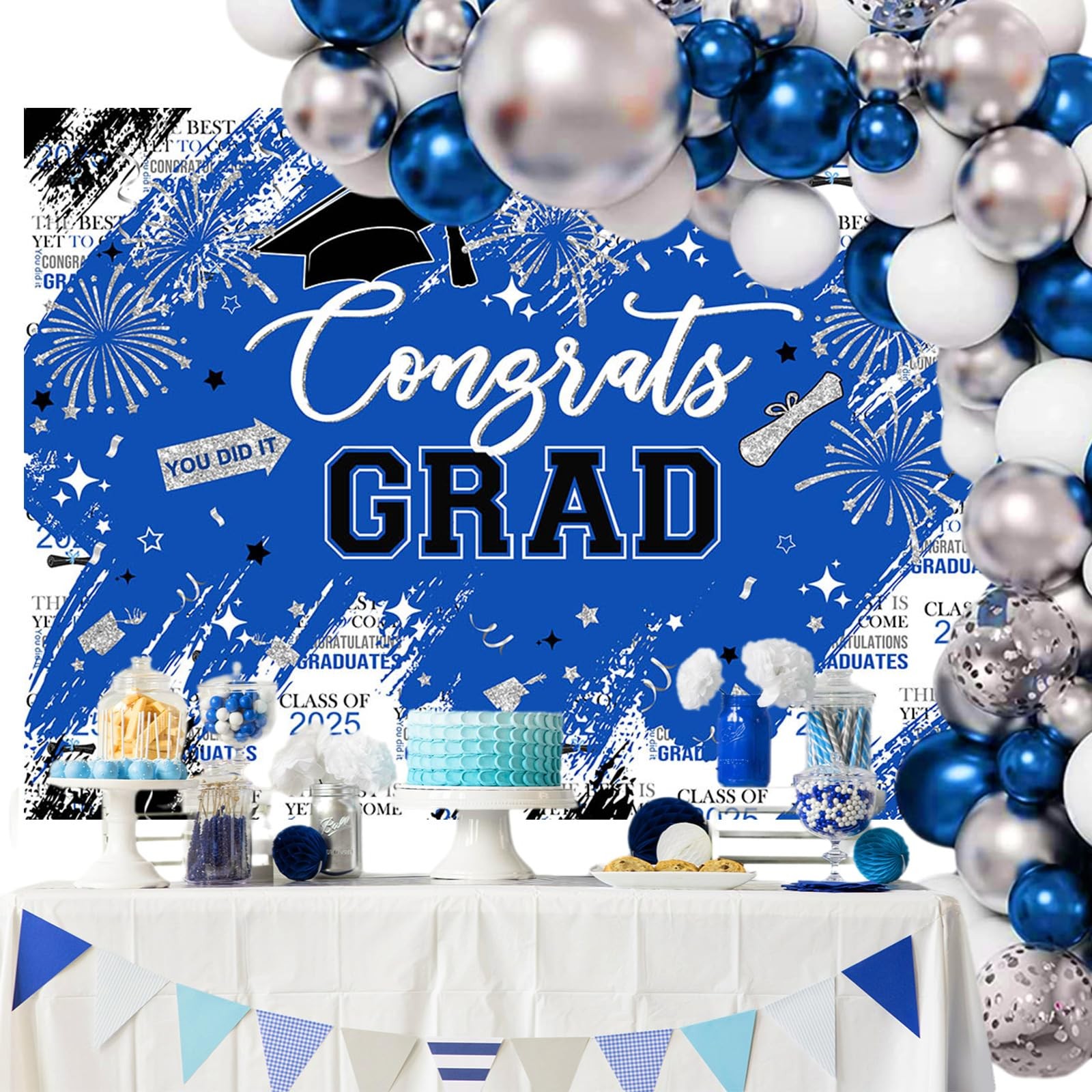 8x6ft Graduation Backdrop, Class of 2025, Blue, Silver, Congrats Grad, Party