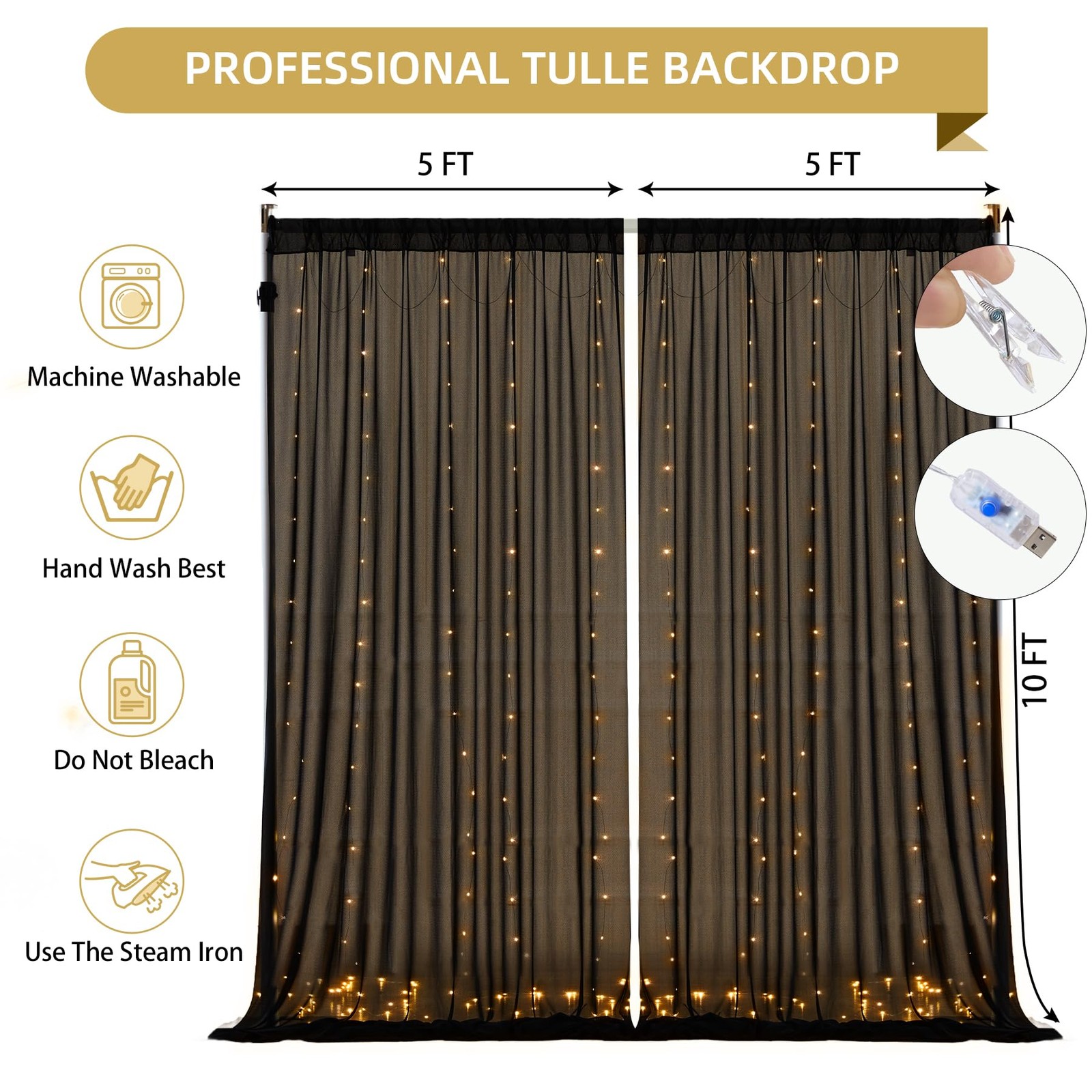Black Backdrop Curtains 10x10ft Wrinkle Free With Light String Background