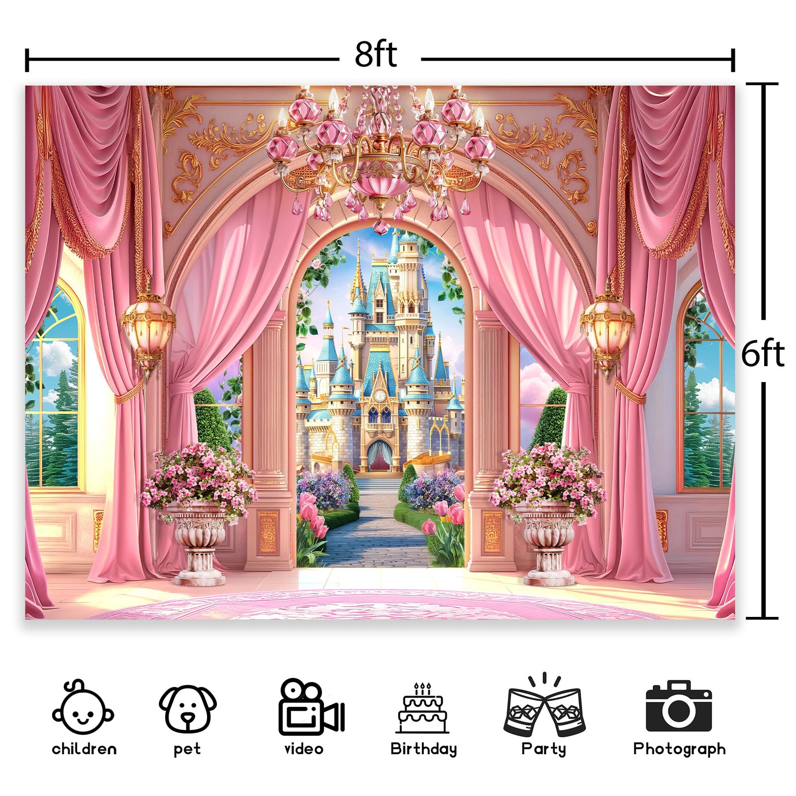 Princess Castle Garden Backdrop 8Wx6H Photography Pink Palace Curtain Crystal…