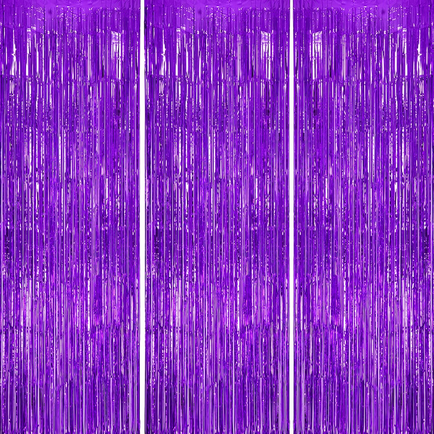DECOCKRAT 3 Pack Foil Fringe Backdrop – Purple Shiny Tinsel Curtains for Party
