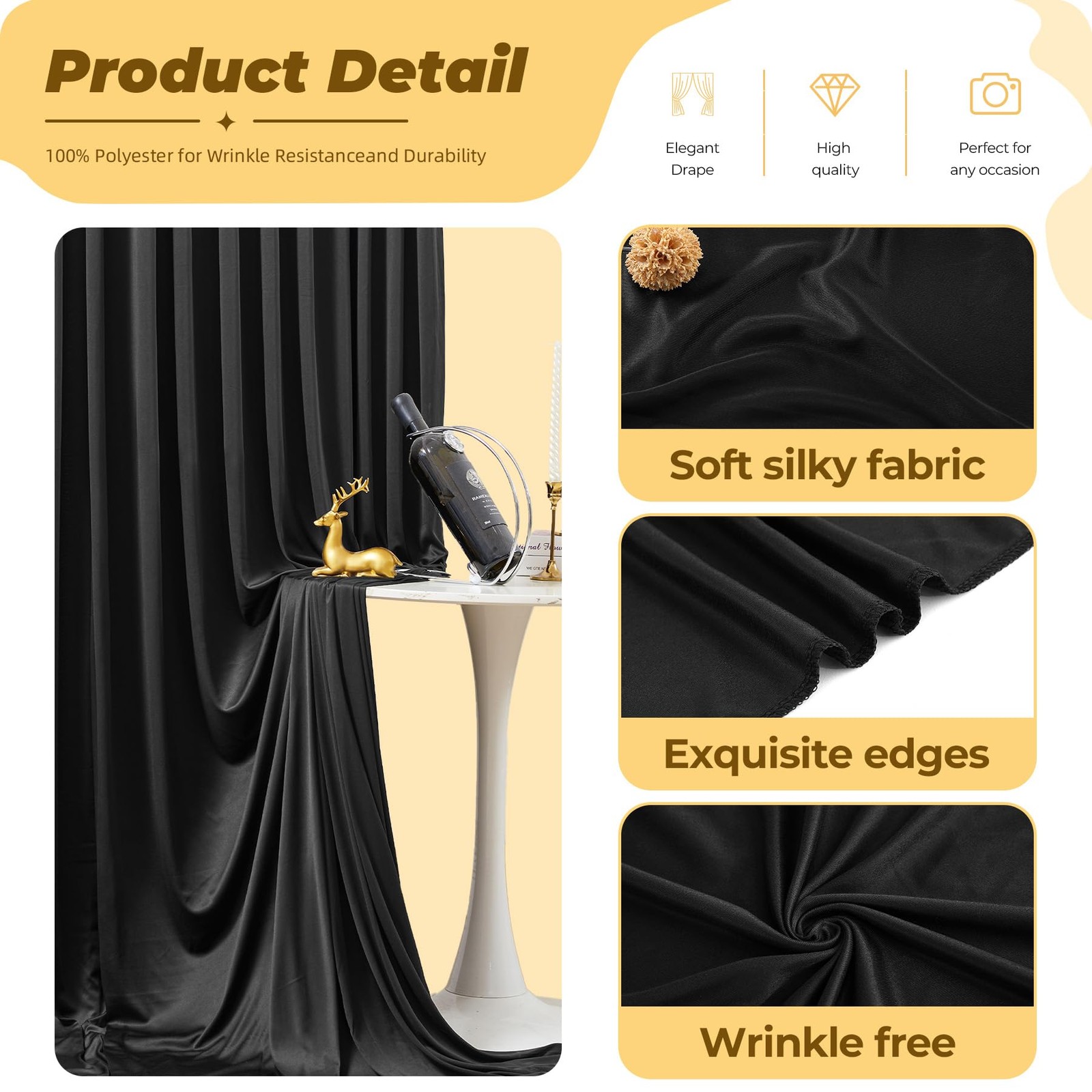 2 PCS 5×12 FT Black Wrinkle Free Polyester Photo Backdrop Curtains Home Decor