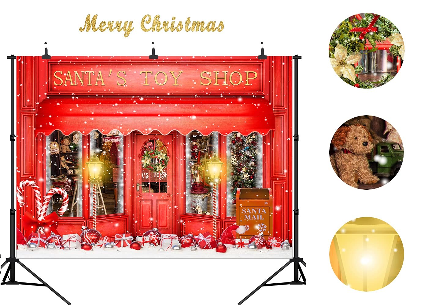 DePhoto Red Christmas Photo Backdrop Santa’s Toy Shop Candy Cane 10’X8′,