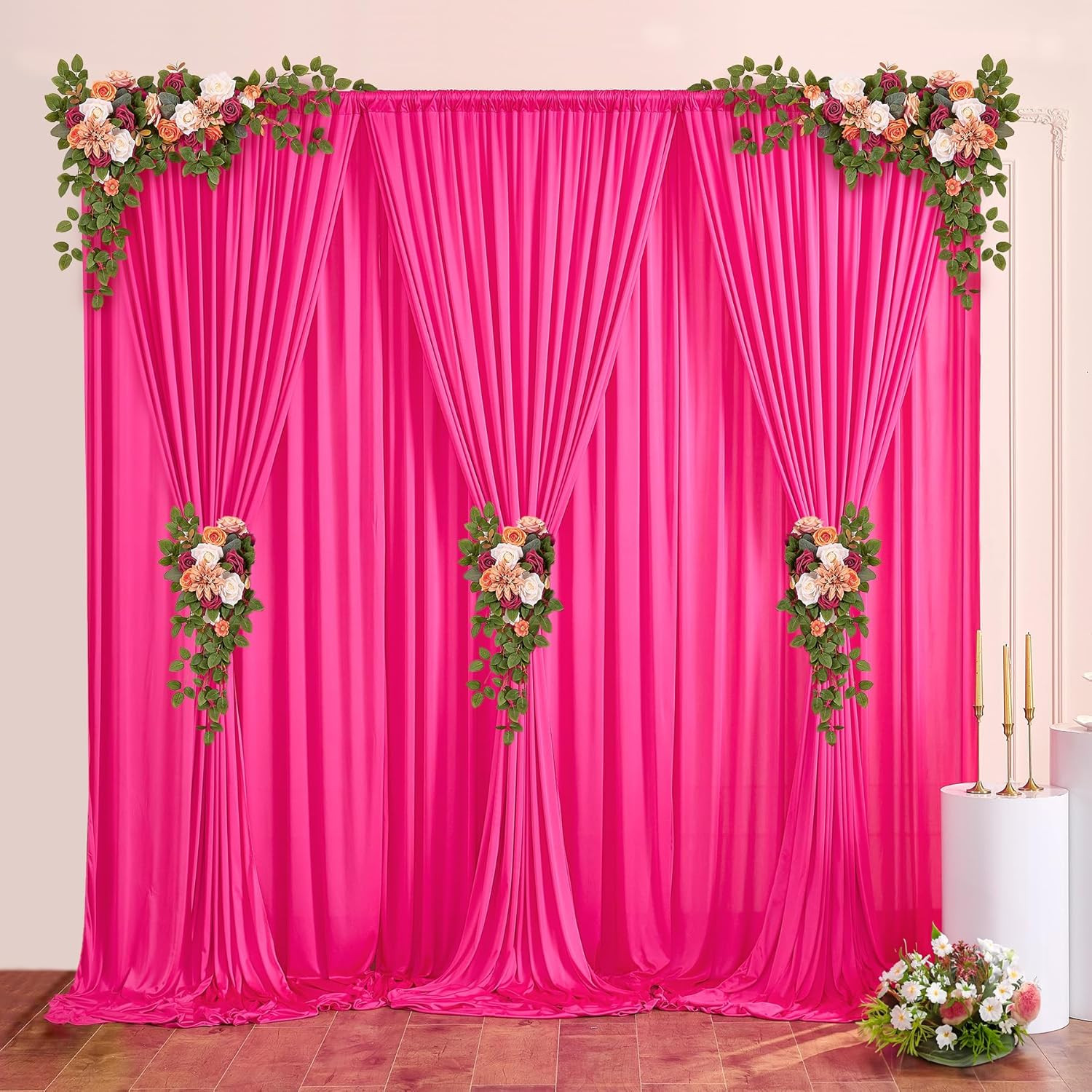 40 Ft X 10 Ft Wrinkle Free Fuchsia Backdrop Curtain for Parties, 8Panels Polyest