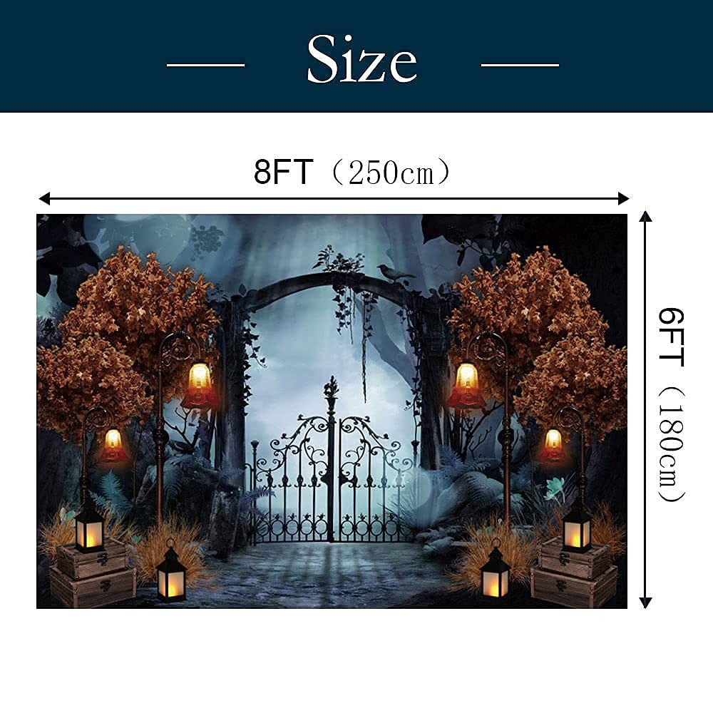 8x6ft Durable Fabric Halloween Backdrop, Horror Cemetery, Iron Gate, Scary