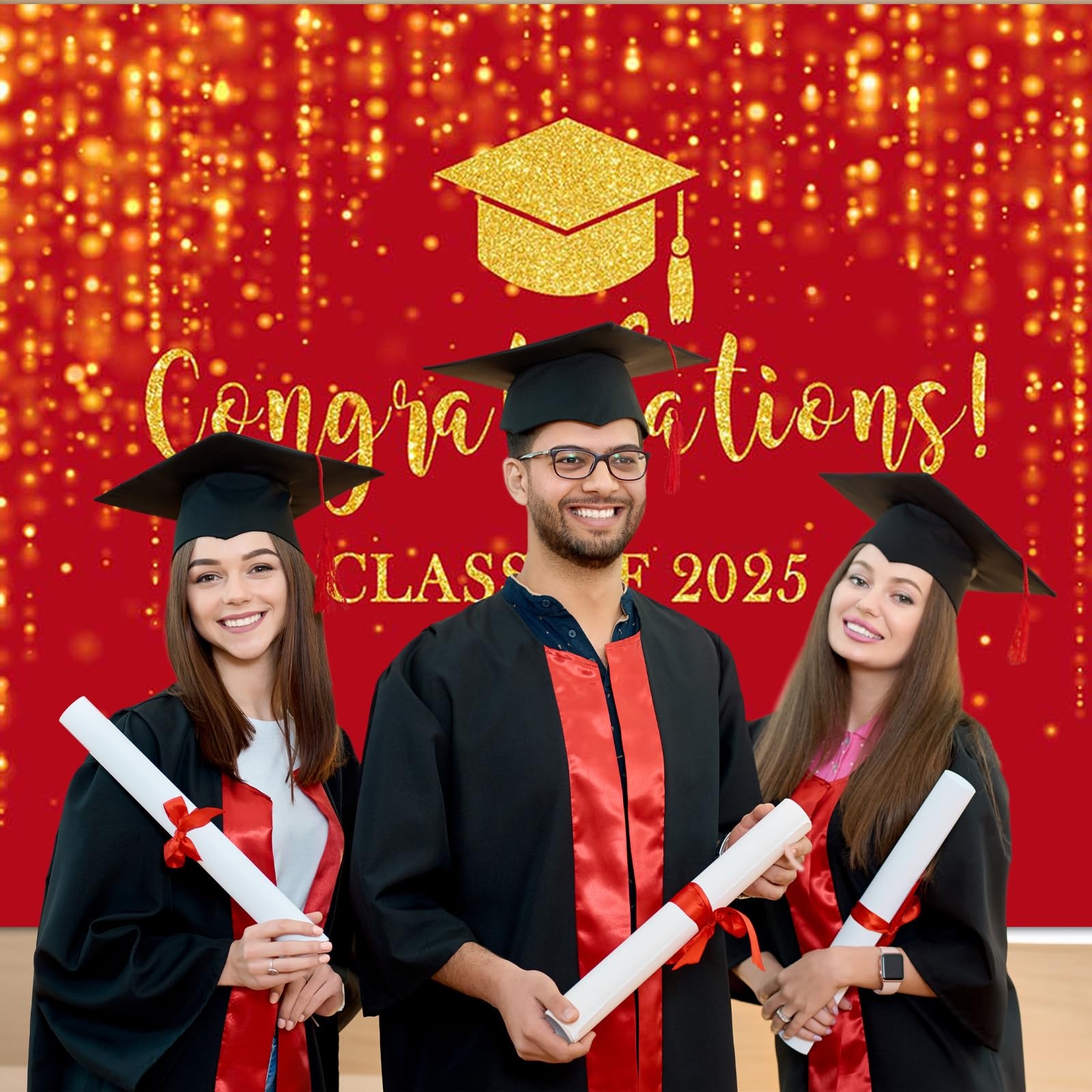 Class of 2025 Backdrop Red Gold Glitter Bokeh Graduation Party Background 202…