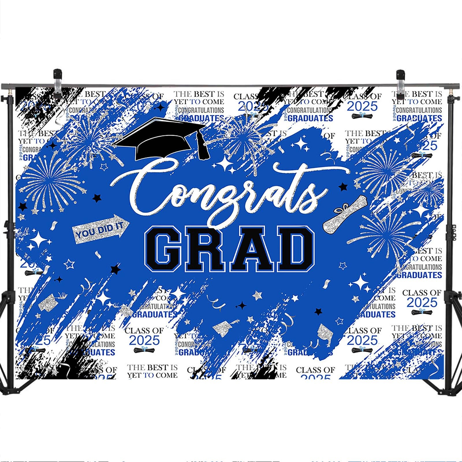 8x6ft Graduation Backdrop, Class of 2025, Blue, Silver, Congrats Grad, Party