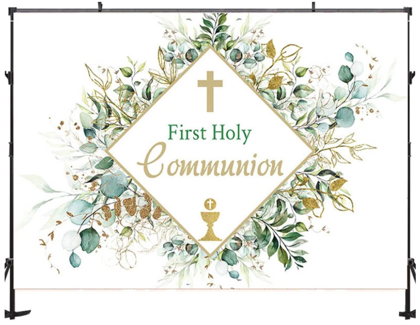 First Communion Green Leaves Backdrop God Bless Baptism 7’x5′ Vinyl Photography
