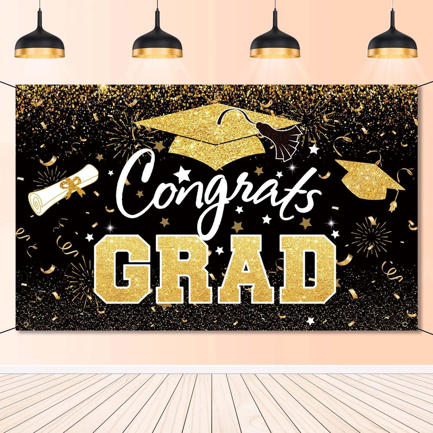 Graduation Party Decorations – Black Gold Congrats Grad Class of 2025 Backdro…
