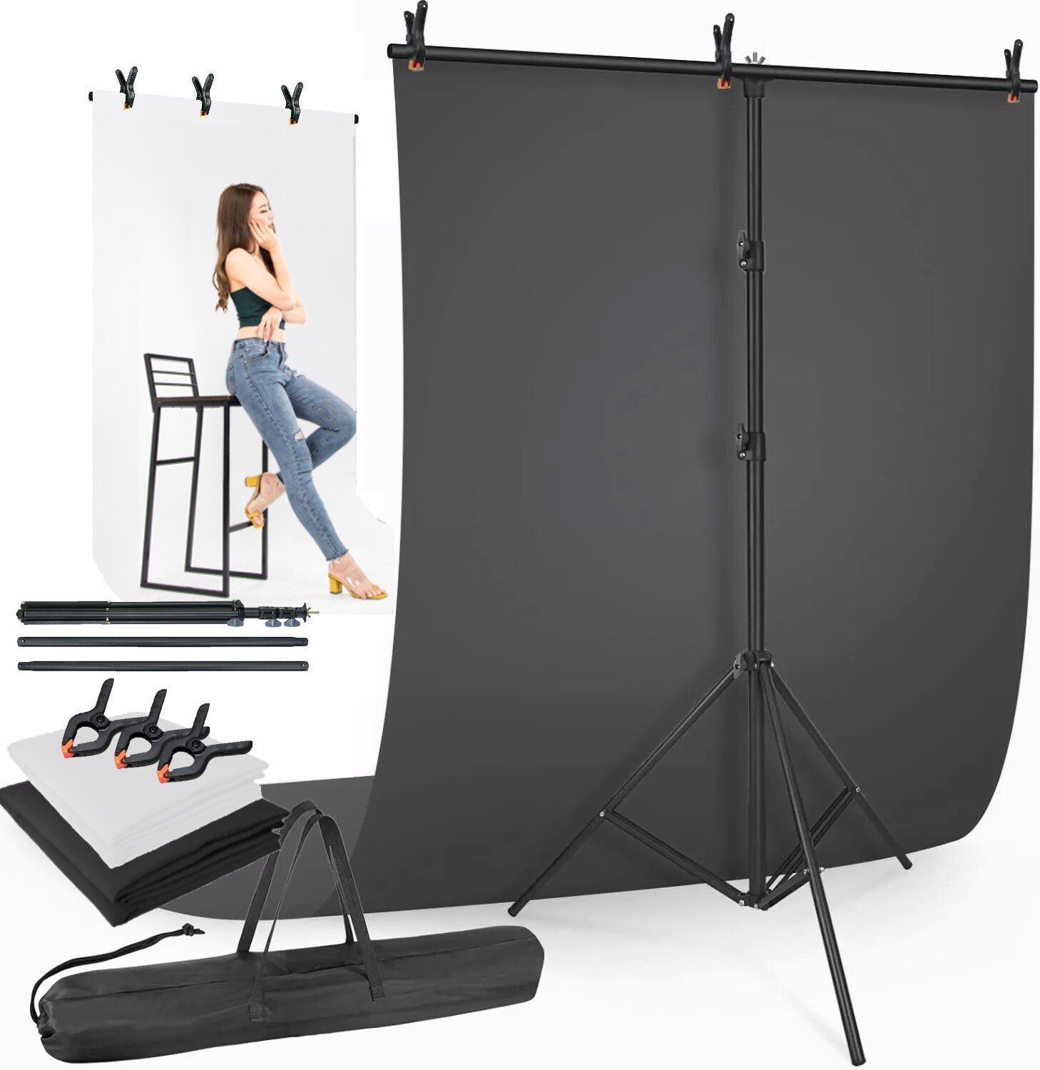 LINCO Photo T-Shape Backdrop Stand Black/White 2 Backdrops Support Kit – AM207
