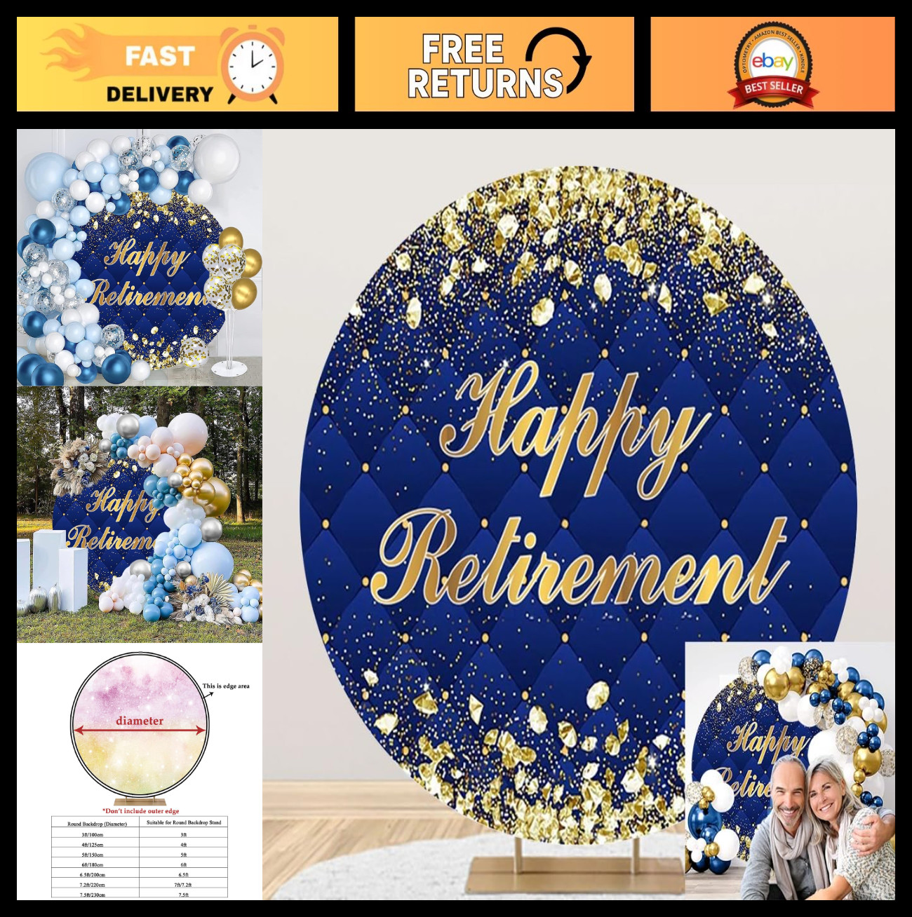Royal Blue Gold Glitter Round Backdrop 6.5ft – Retirement Photo Background, Part