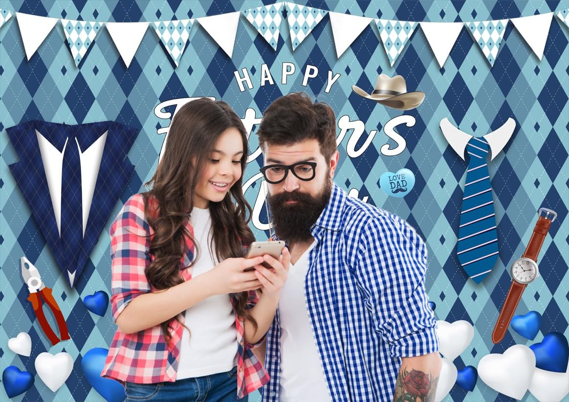 10X8FT Father’s Day Backdrop Blue Plaid Happy Father’s Day Photography Backgr…
