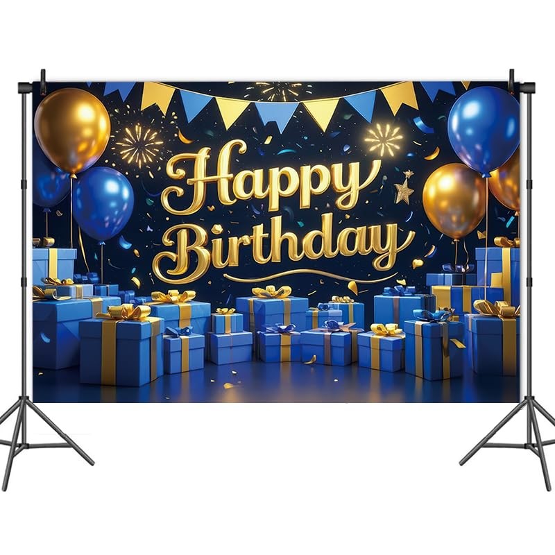 Blue Gold Happy Birthday Backdrop Banner 70.8 x 47.2 Inch,