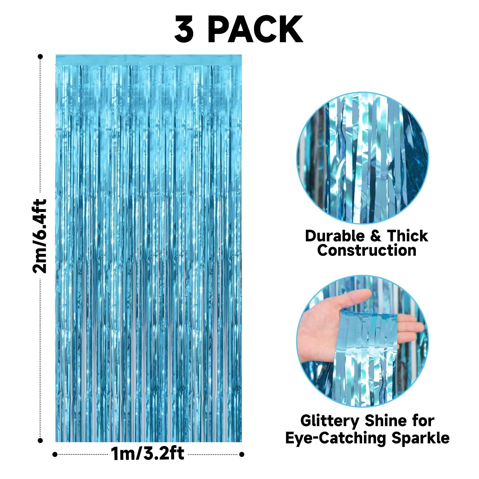 Light Blue Tinsel Foil Fringe Curtain Photo Backdrop 3.2×6.5 Ft 3 Pack