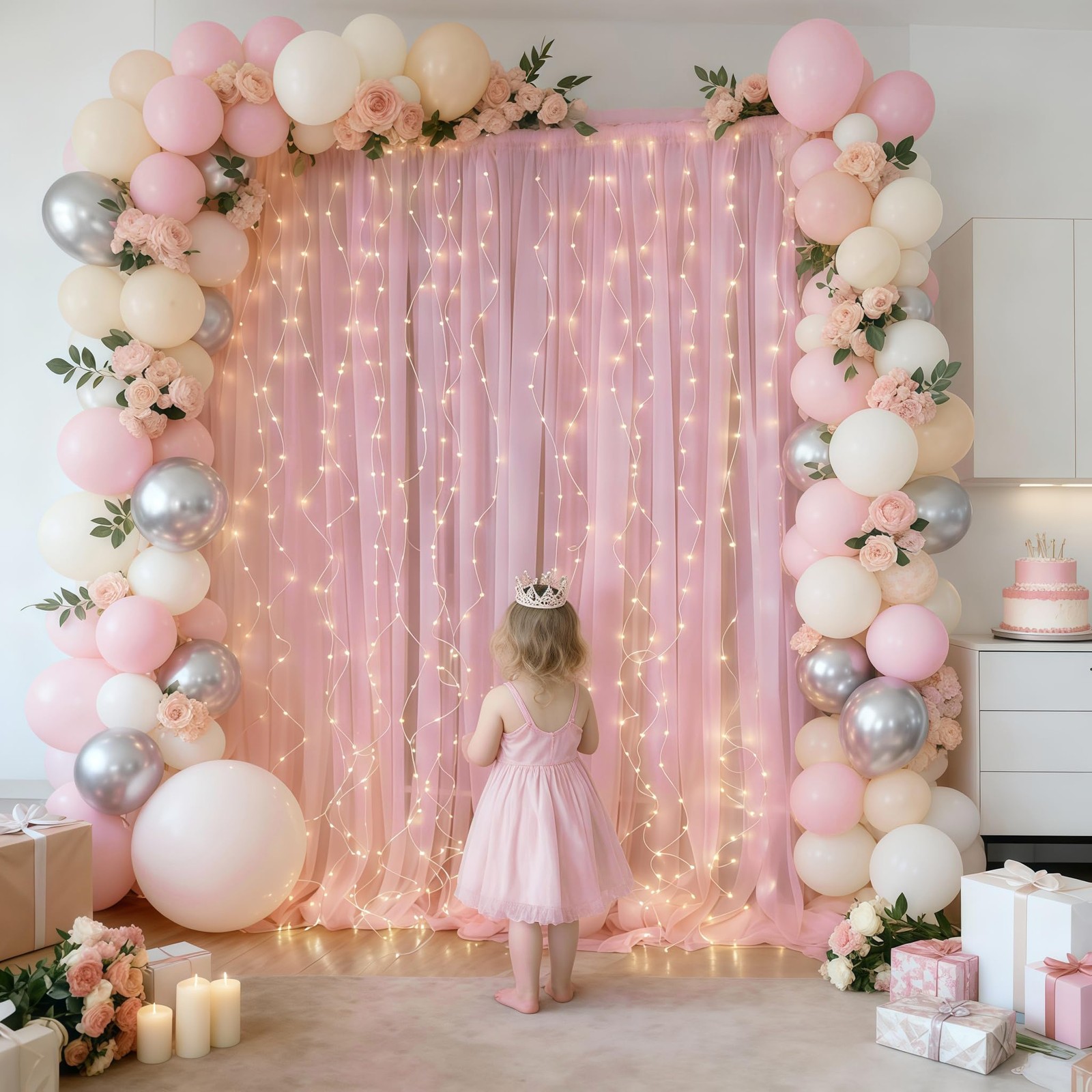 10x10FT Pink Tulle Sheer Backdrop Curtains Lights String Wedding Photo Drapes