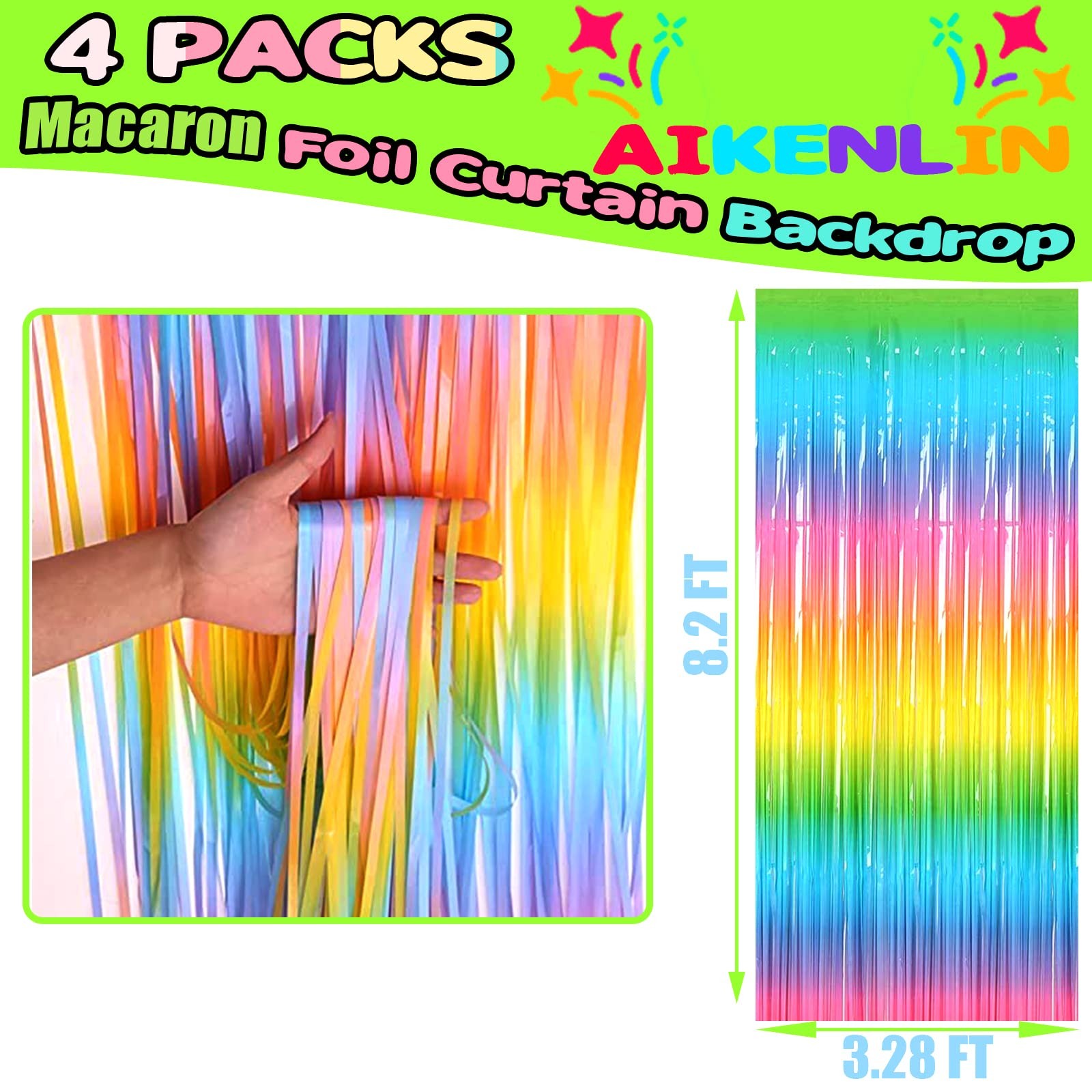 4 Pack 3.2Ft x 8.2Ft Rainbow Foil Fringe Curtain Backdrop Colorful Metallic T…