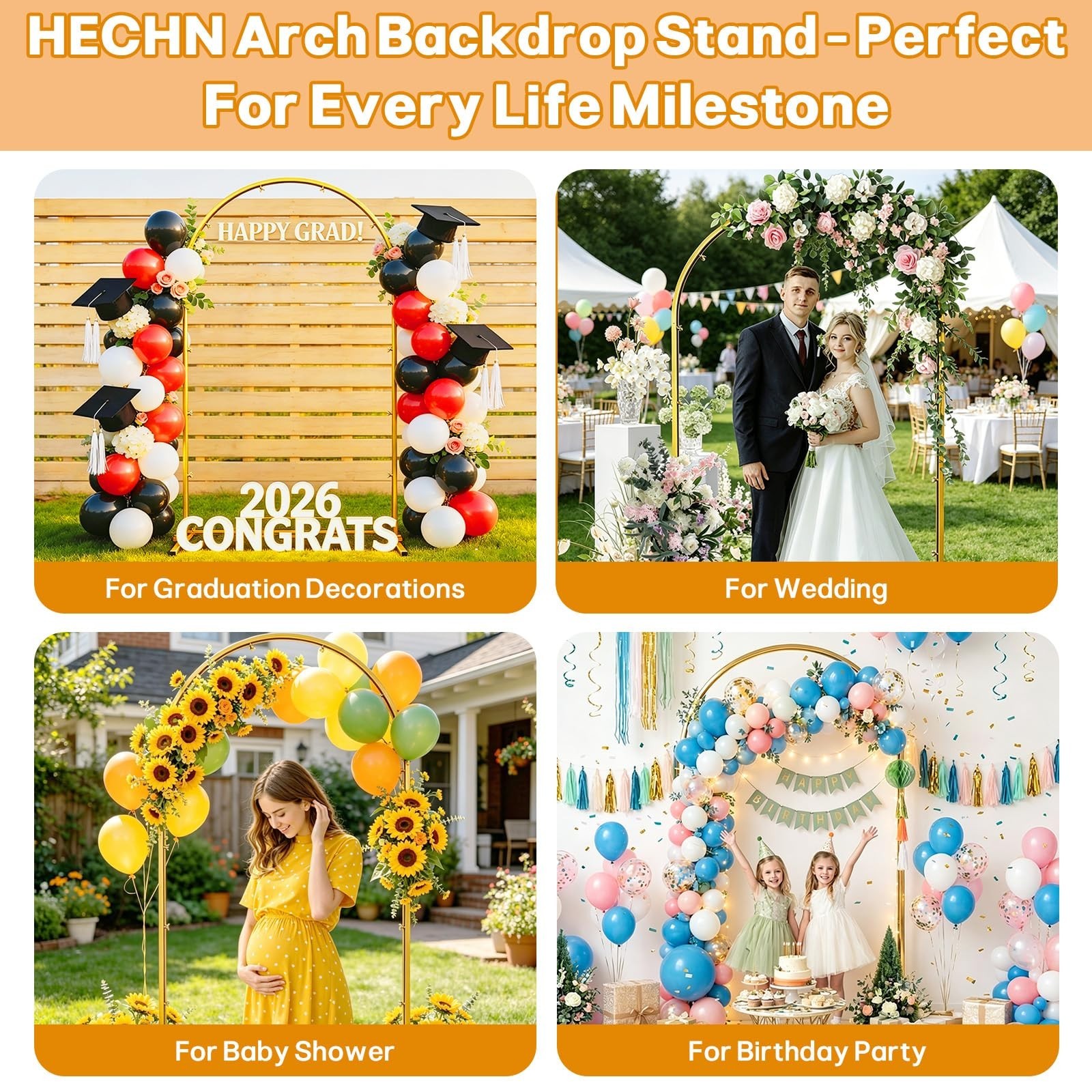 7.2ft Gold Metal Arch Backdrop Stand | Wedding, Baby Shower, Birthday Decor, Pho