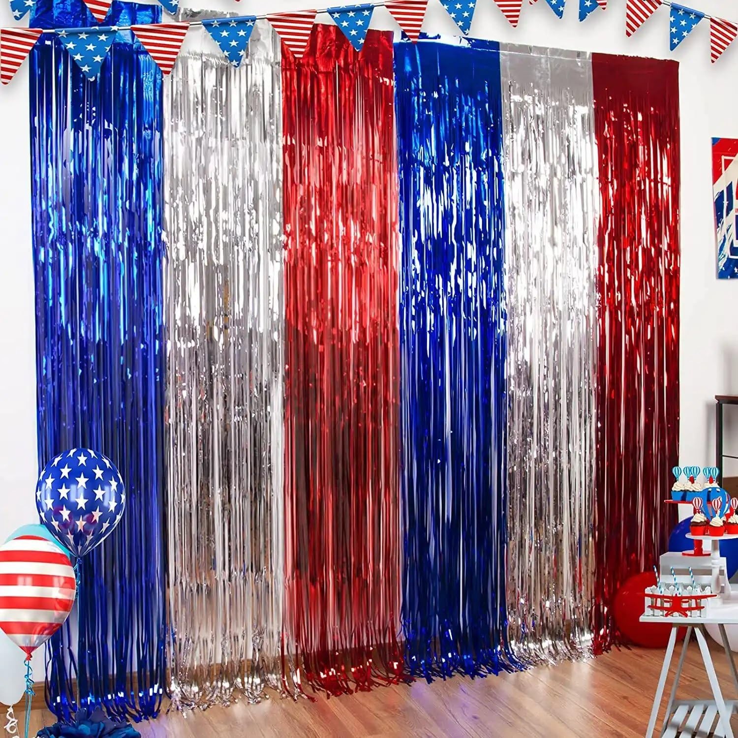 2 PCS 3.3×8.2 Ft Blue Foil Fringe Curtains Birthday Party Streamers Backdrop