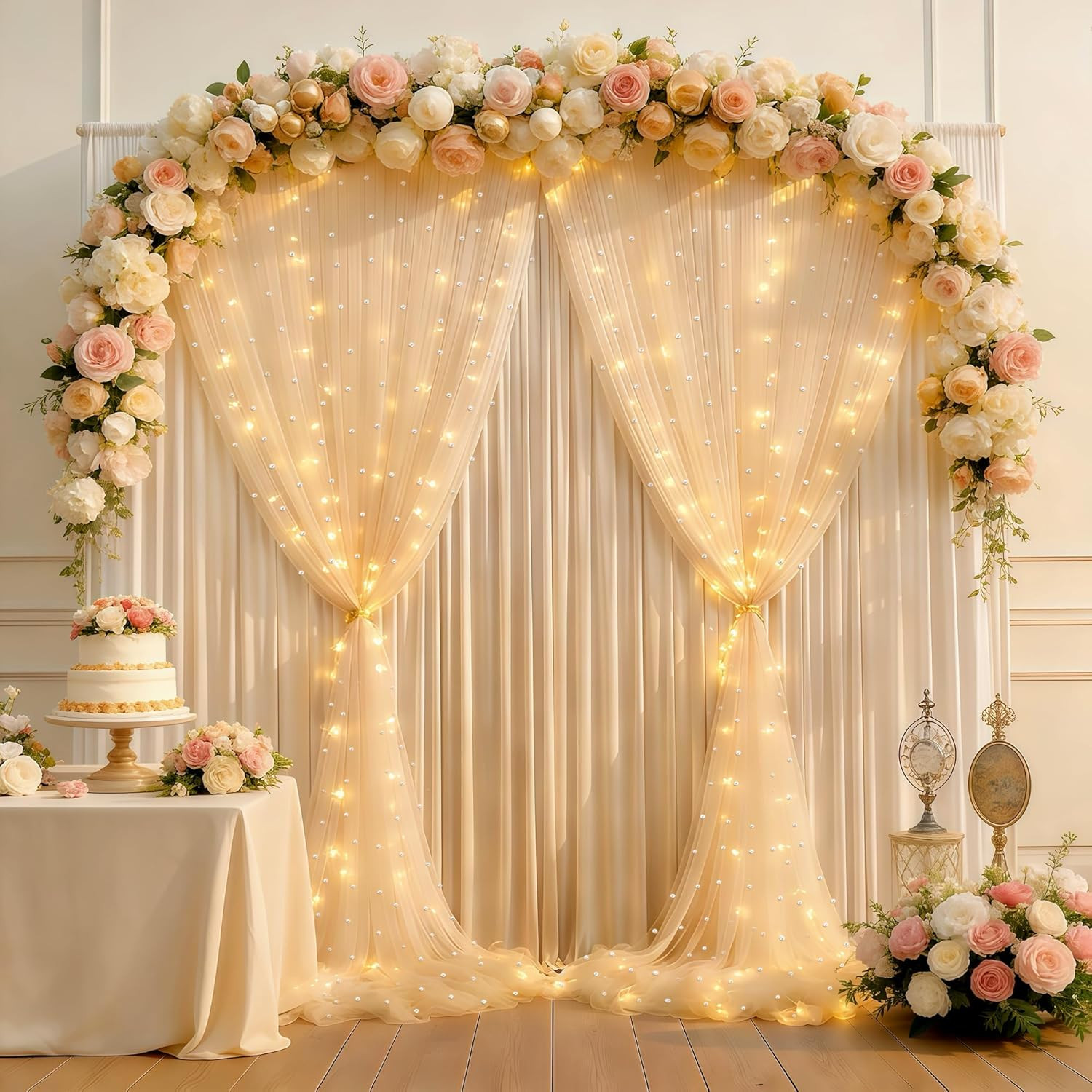 Champagne Pearl Tulle Backdrop with LED Lights for Weddings & Events