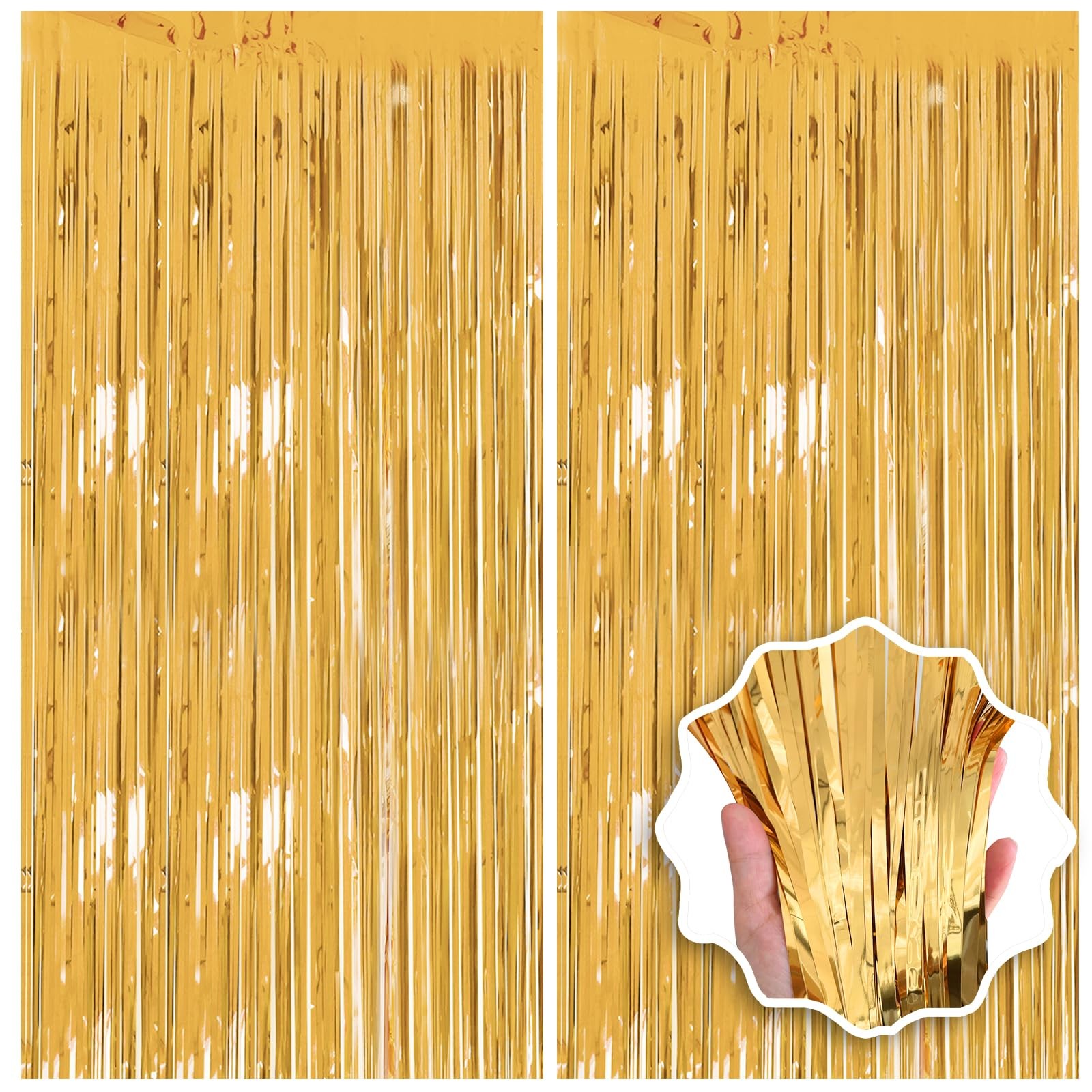JEBUTU Gold Foil Fringe Backdrop Curtains 2 Pack 3.3×8.2 Ft Tinsel Streamer