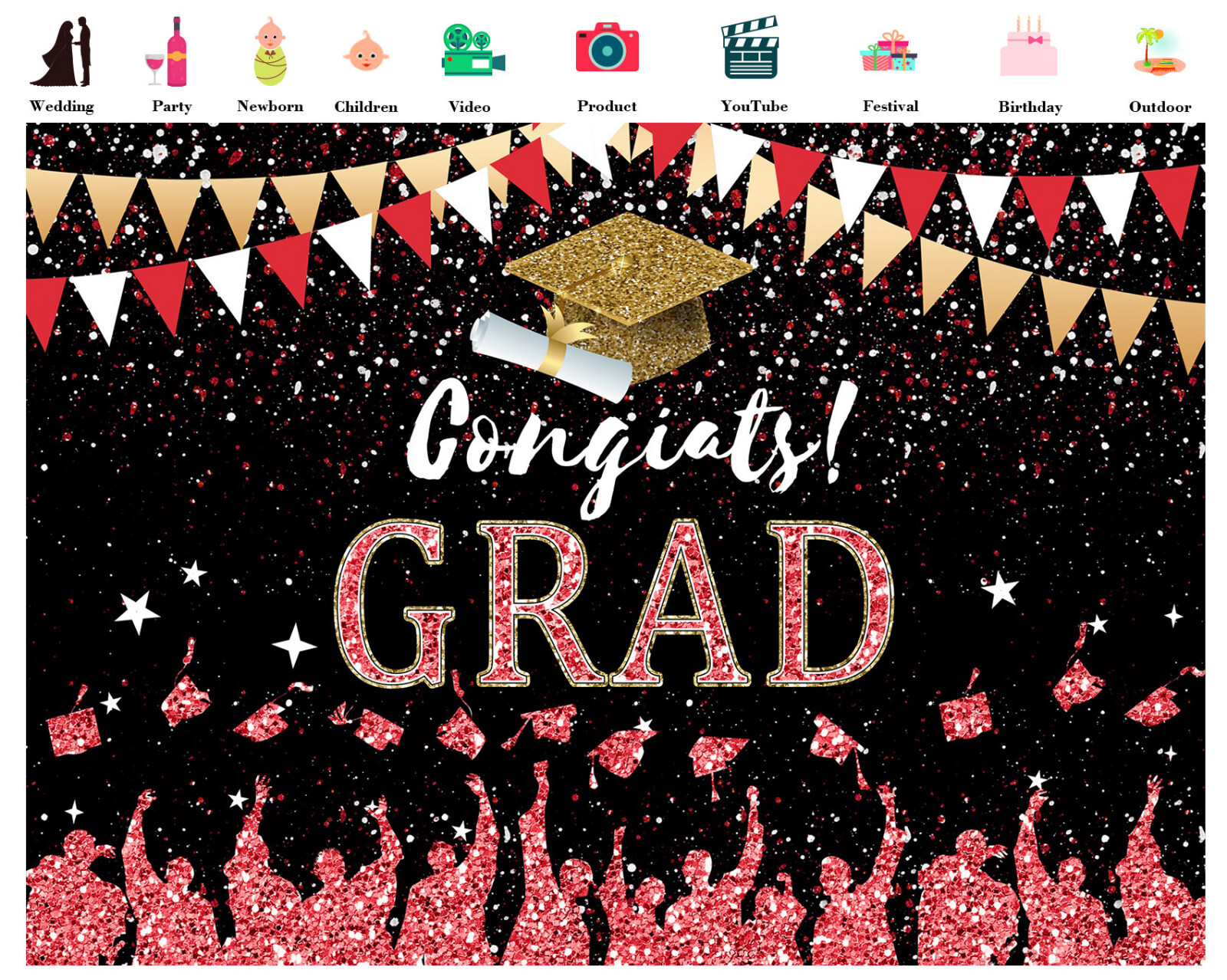 10x8ft Red Bachelor’s Cap 2026 Graduation Black Vinyl Backdrop Photo Background