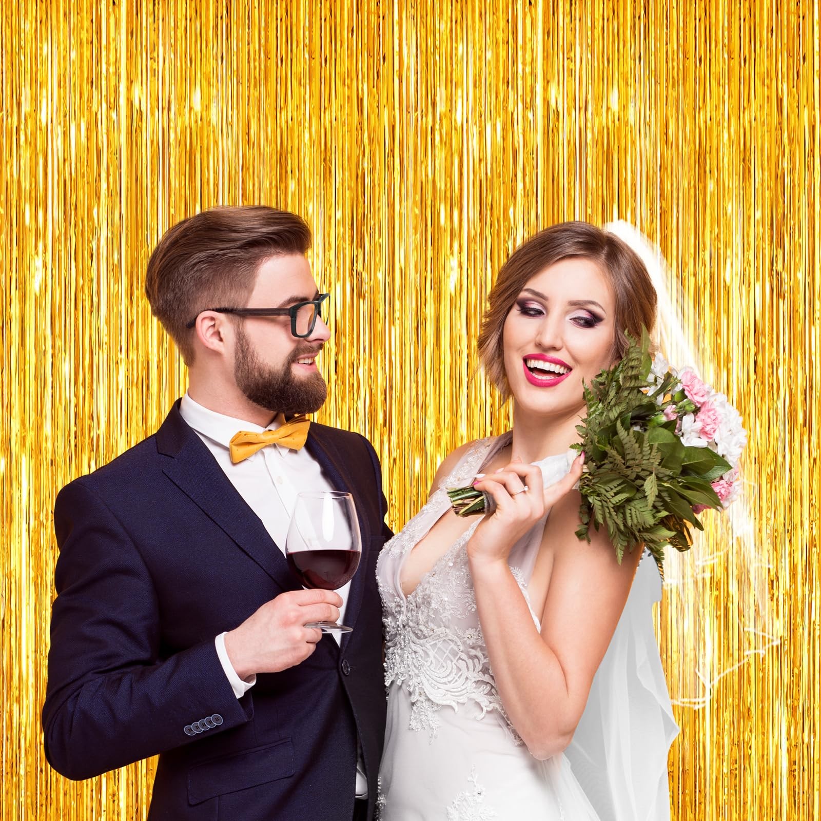 Gold Tinsel Backdrop Foil Curtain Birthday Streamers Photo Booth Props 2 Packs